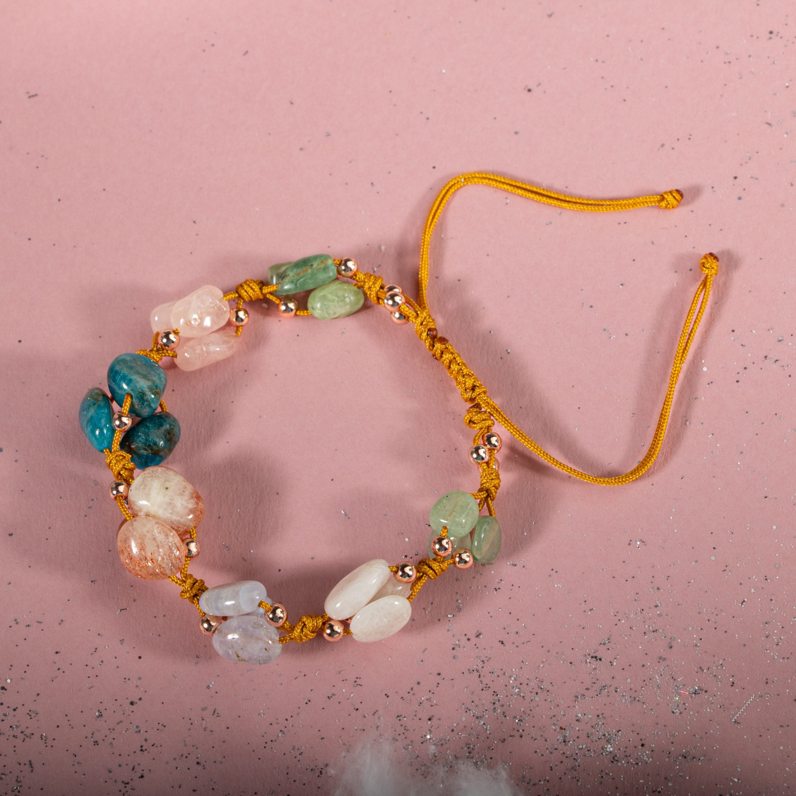 Bracciale gemelli Moonstone, pietra solare, calcedonio, kanite, apatite blu, quarzo rosa, aventur verde