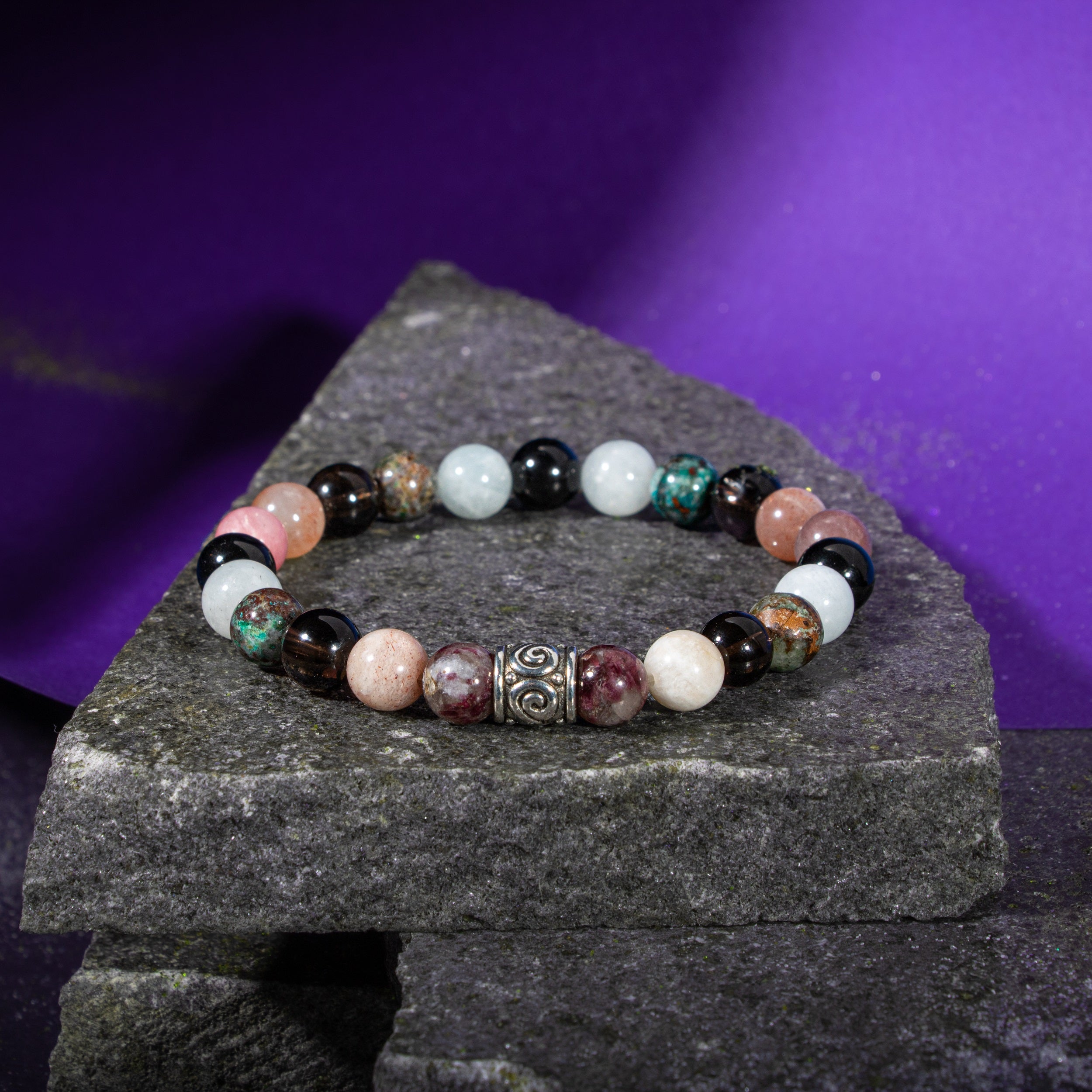 Pulsera de Libra Aquamarine, Quartz Smoky, Sunstone, Chrysocolla, Obsidiana, Turmalina Negra