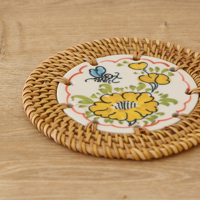 Rattan Çerçeveli 12 cm. Sarı & Mavi Desenli Dekoratif Obje