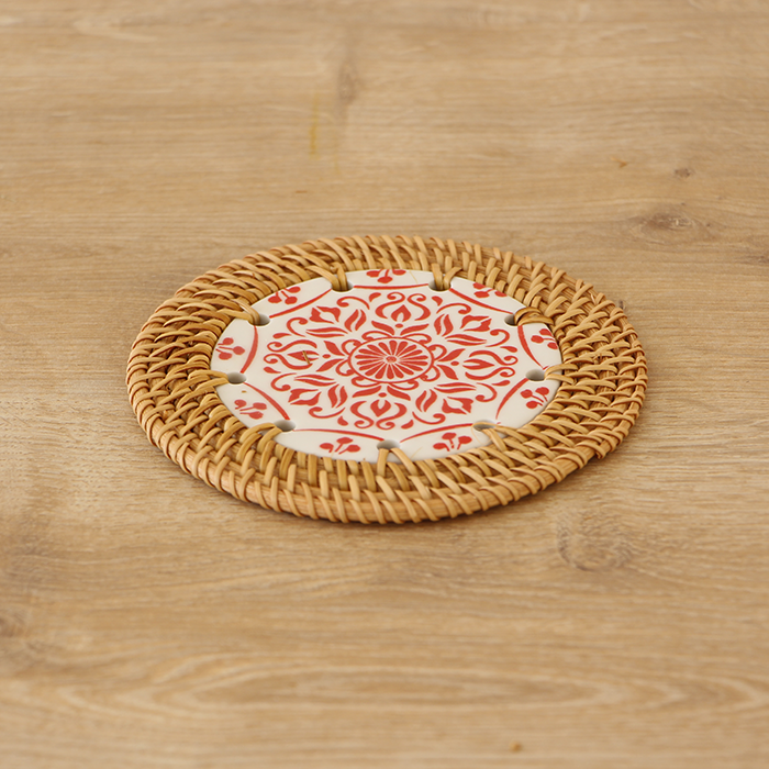 Rattan gerahmt 12 cm. Red geometrisch gemusterter dekorativer Objekt