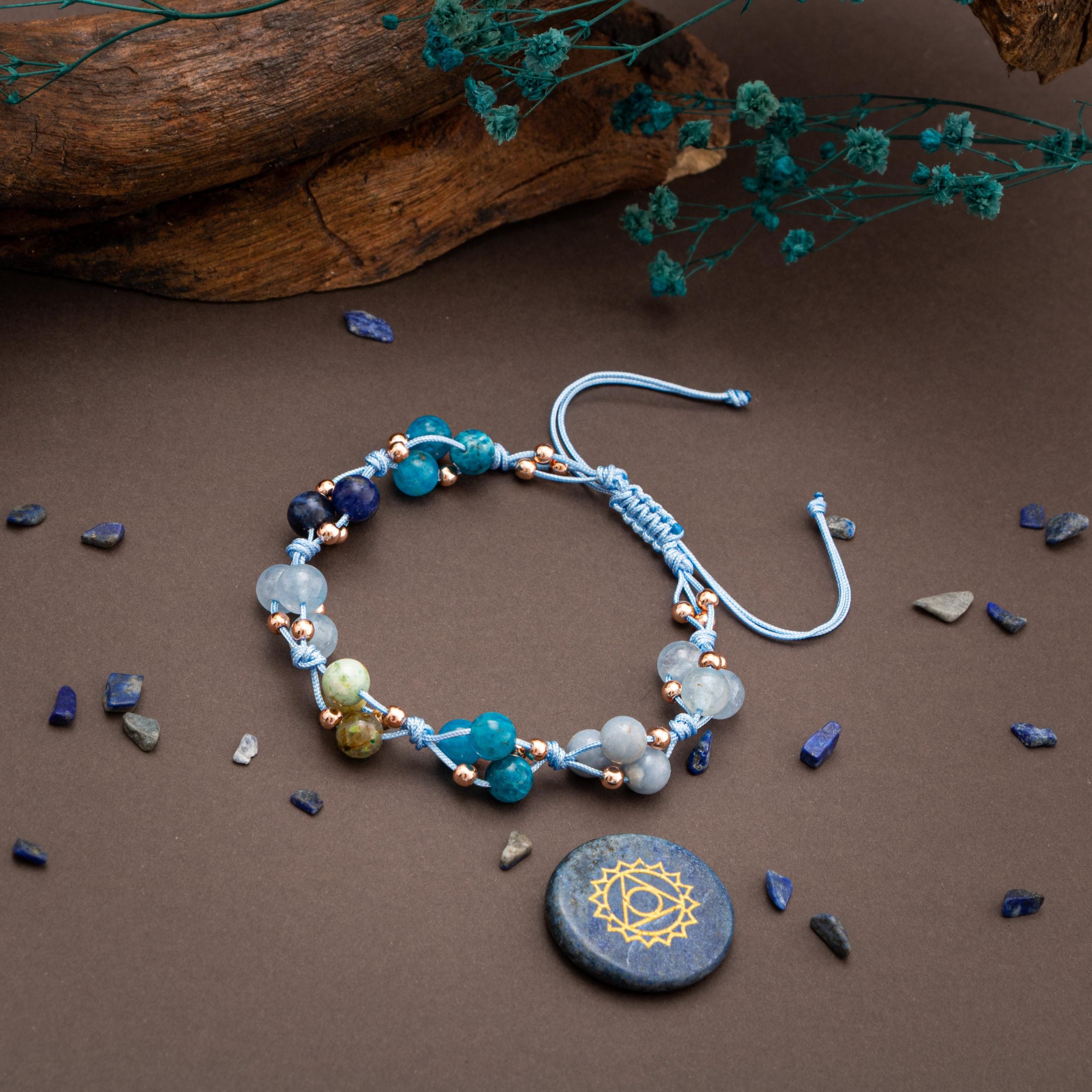 Chakra della gola-Bracciale in pietra naturale-Apatite-aquamarina-sodalite-chrysocolla-ematite