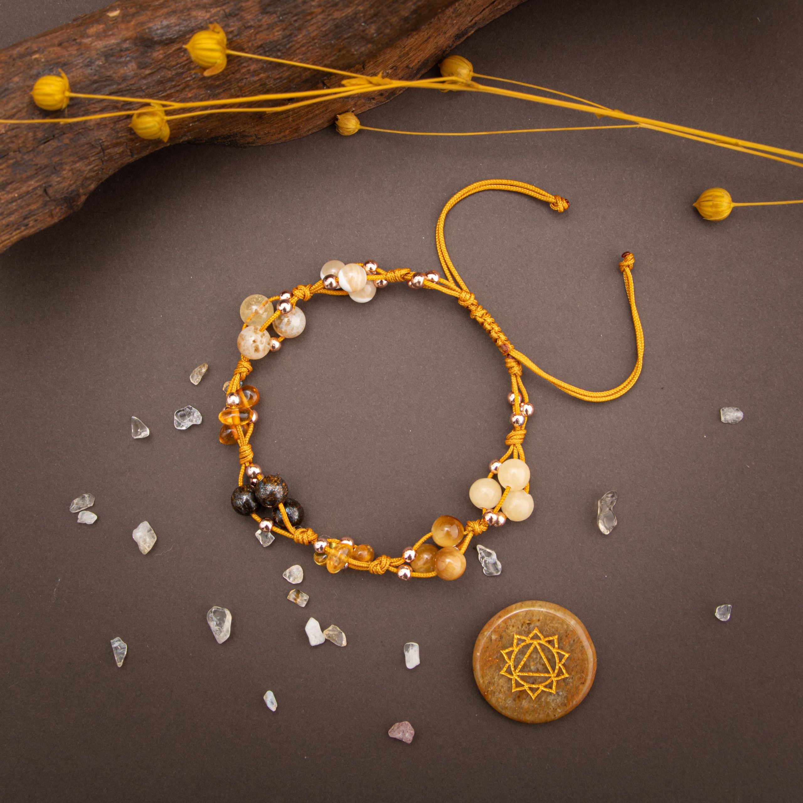 Plesso solare Chakra Bracciale in pietra naturale-tigre-bronzite-ambra-aragonite-calcite-citrina