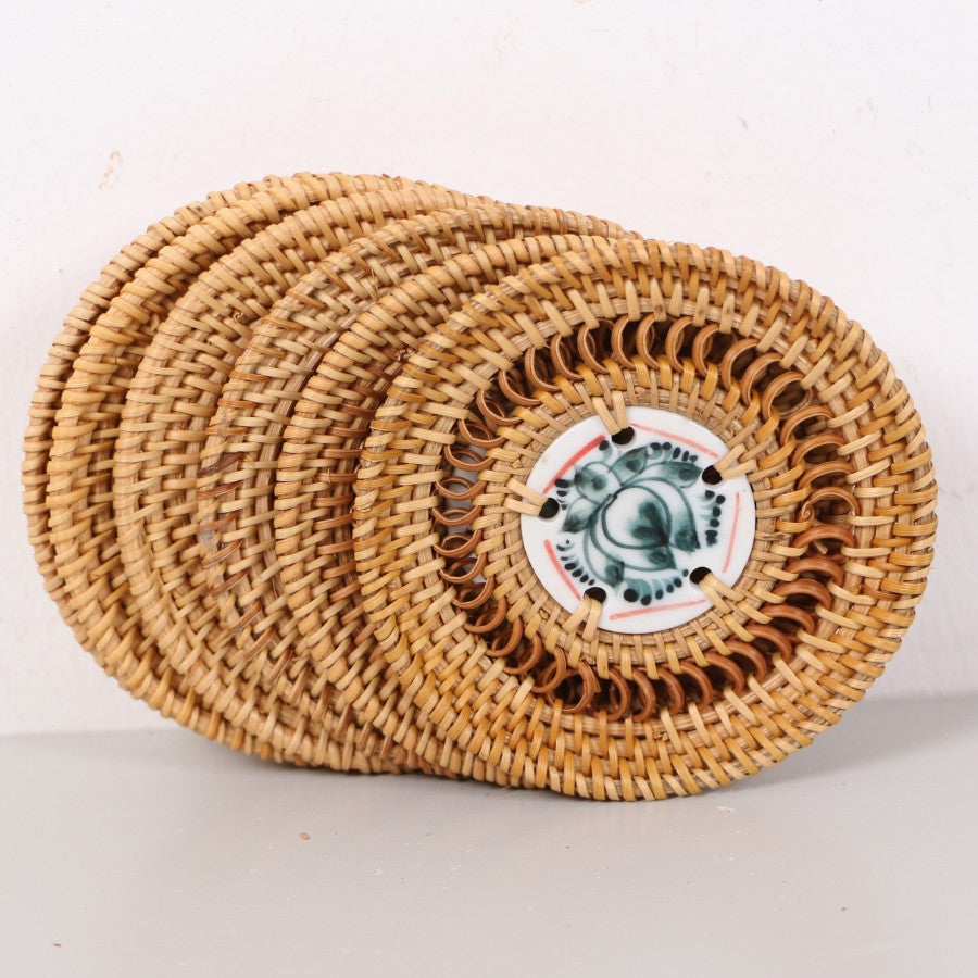 6 -teiliger Rattan -Handgestrickter - Keramikuntersetzer