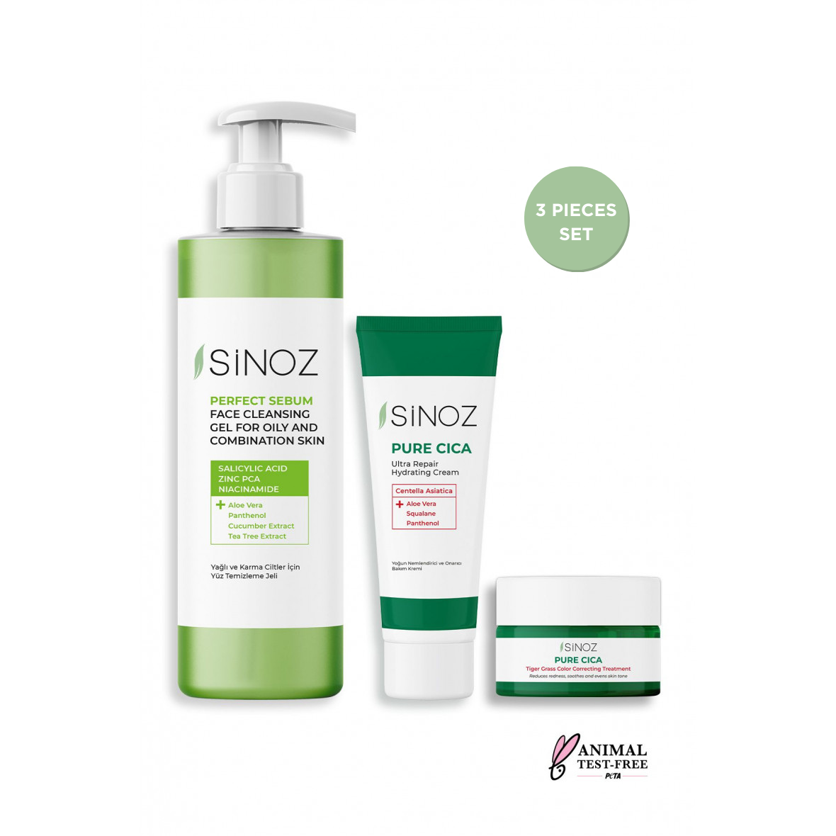 Sinoz Facial Cleansing Gel, Pure Cica Tiger Grass, Intensive Repair Facial Cream Set of 3