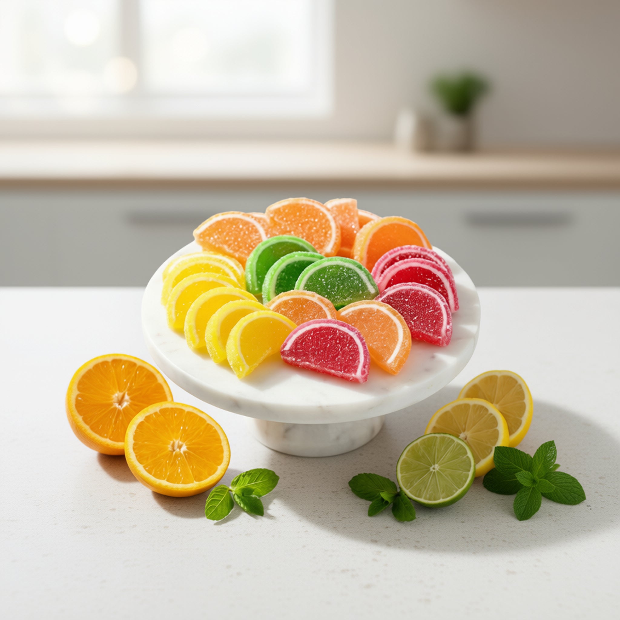 Colorful fruit slices and gummy bears on a white cake stand with a kitchen background.
Slice Jelly Turkish Delight – Colorful, Chewy, and Delightfully Sweet - Exporgin - Global Shopping Site