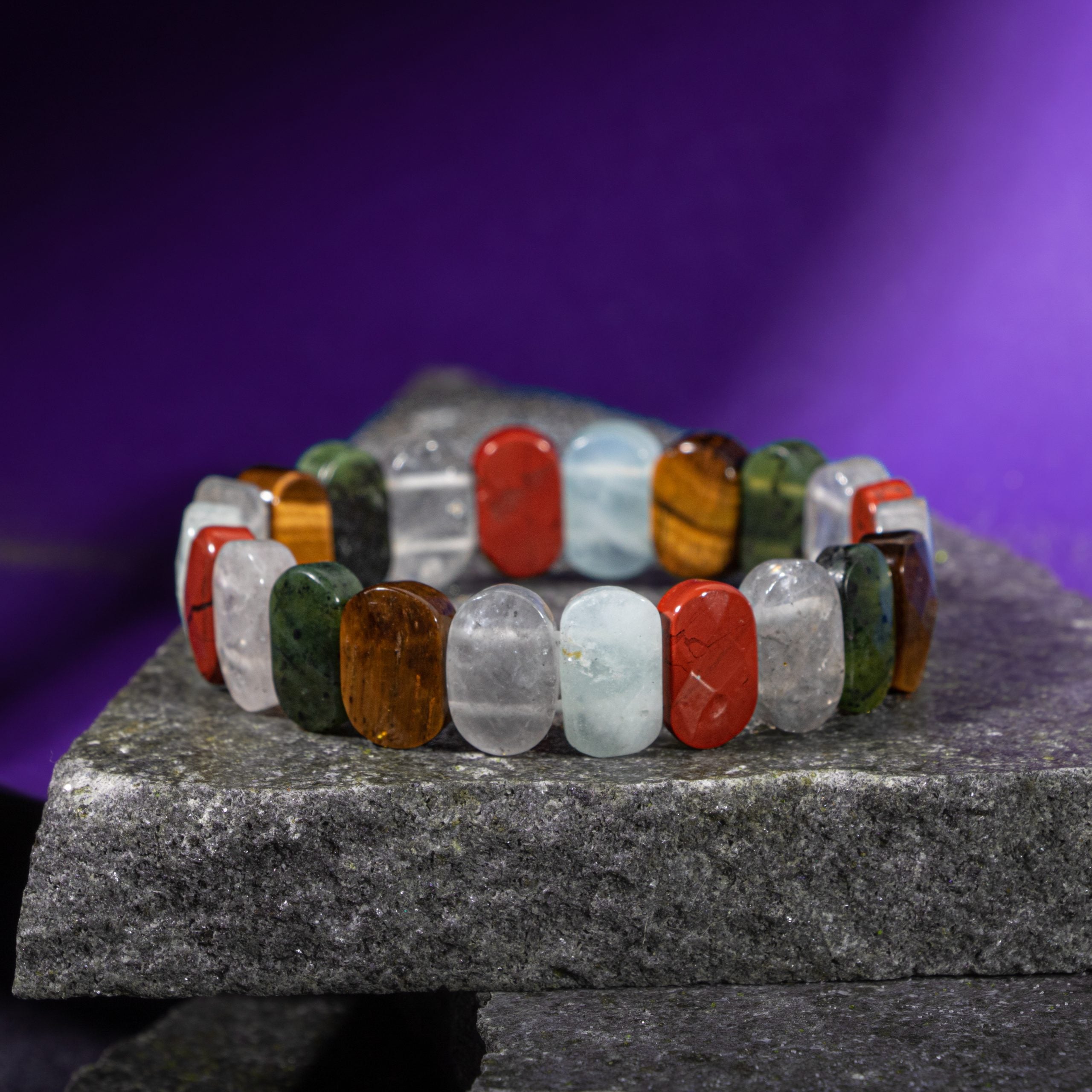 Brazalete de géMiis aguamarina, ojo tigre, cuarzo de cristal, labradorita, obsidiana, jade