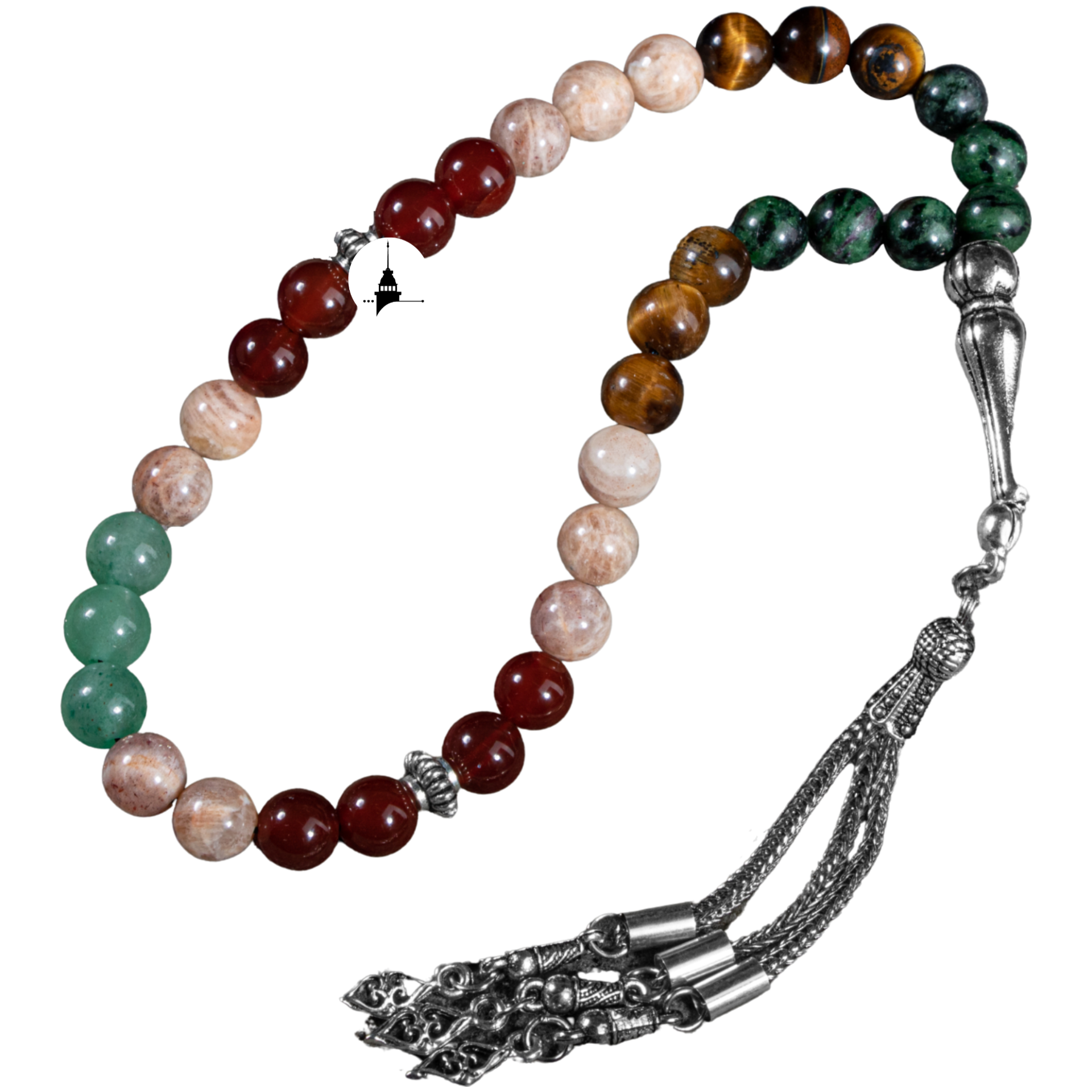 Rosario Géminis - Anyolite, Sun Stone, Tiger Eye, Red Agate, Green Aventurine