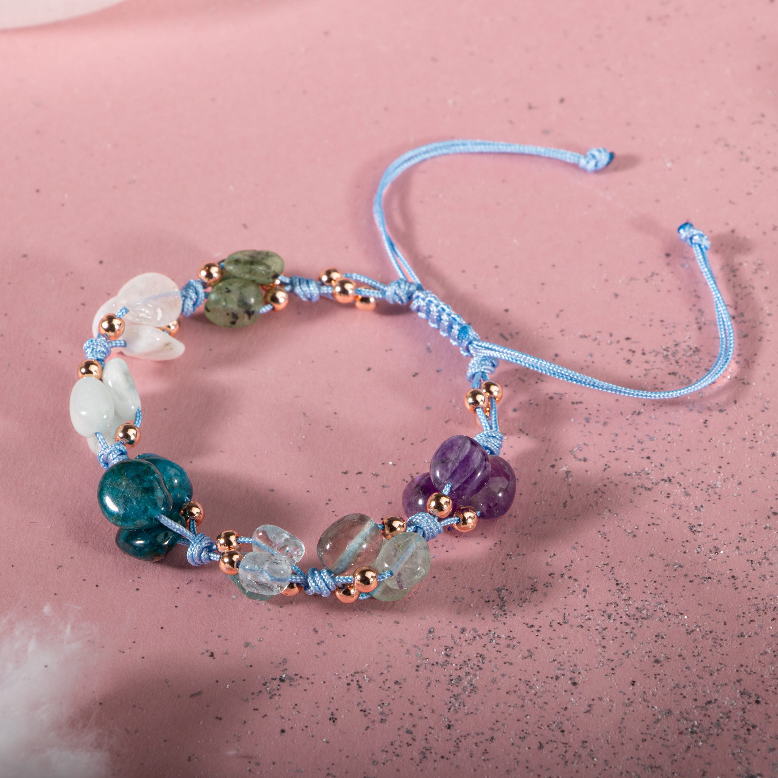 Pesci bracciale acquamarina, ametista, pietra di luna, kanite, apatite blu, fluorite viola, larimar verde