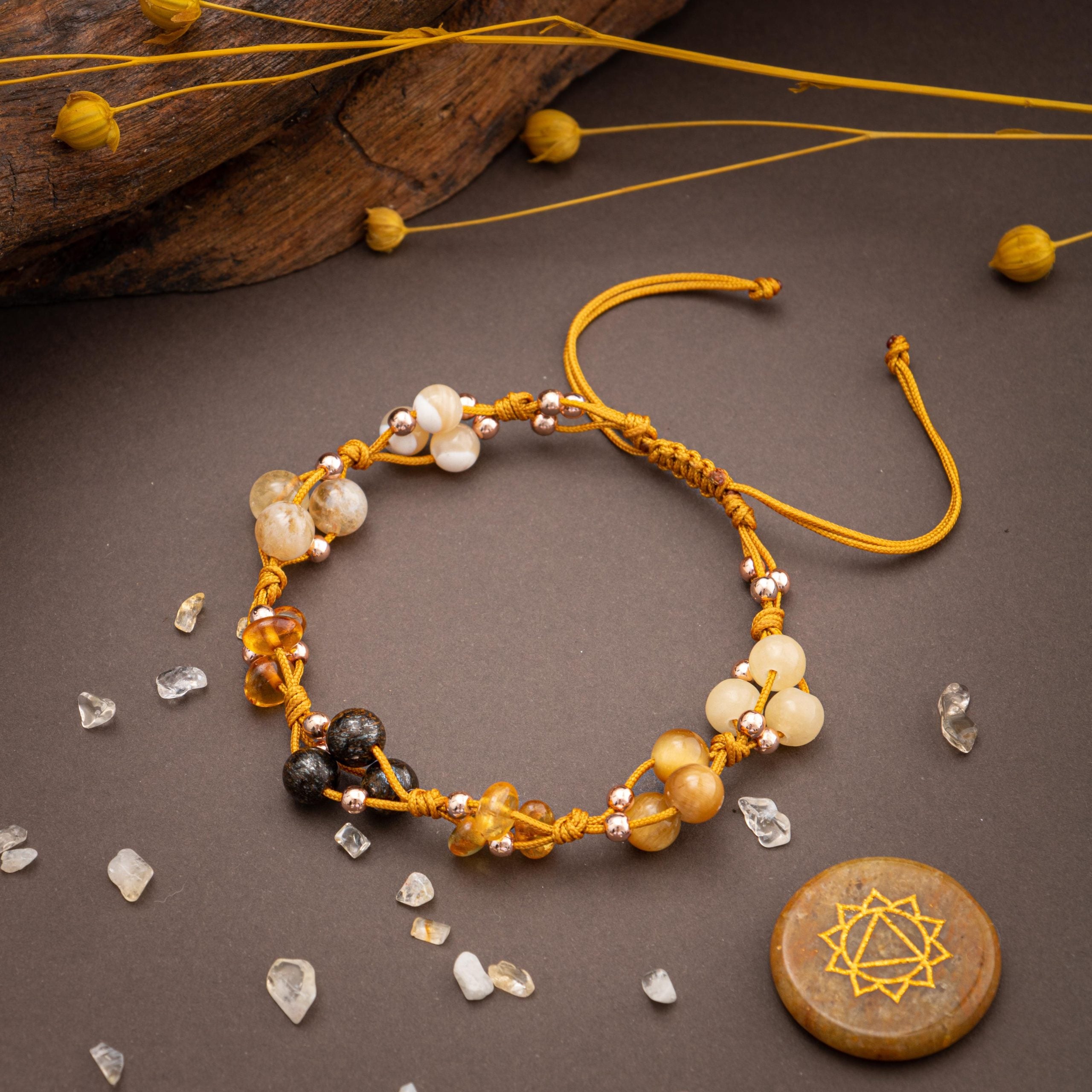 Plesso solare Chakra Bracciale in pietra naturale-tigre-bronzite-ambra-aragonite-calcite-citrina