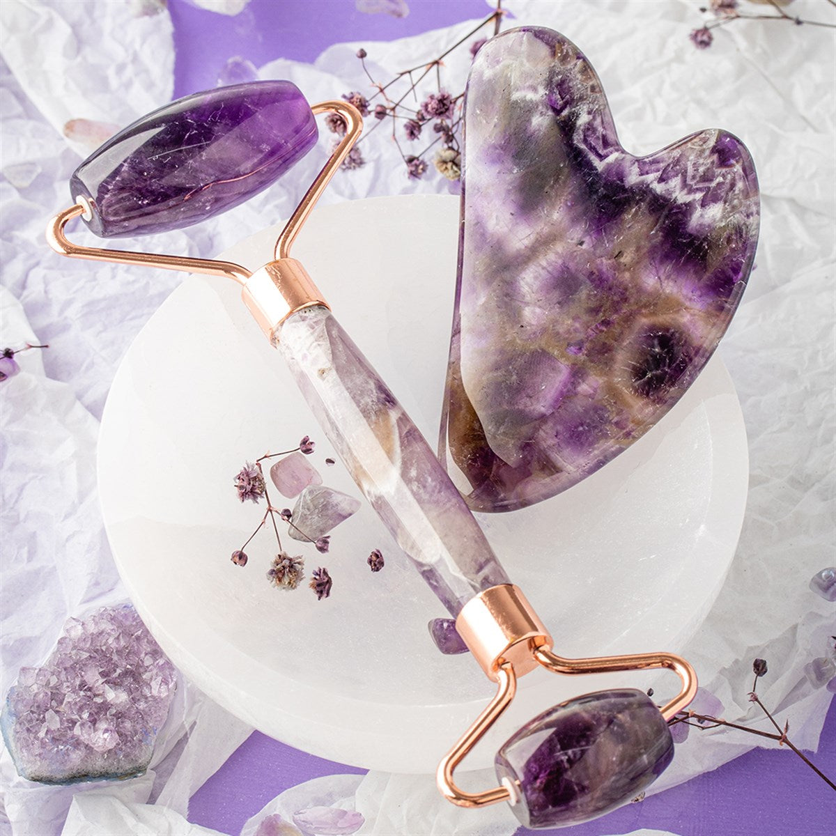 Amethyst -Steinmassage -Set - Roller und Gua Sha Heart Set