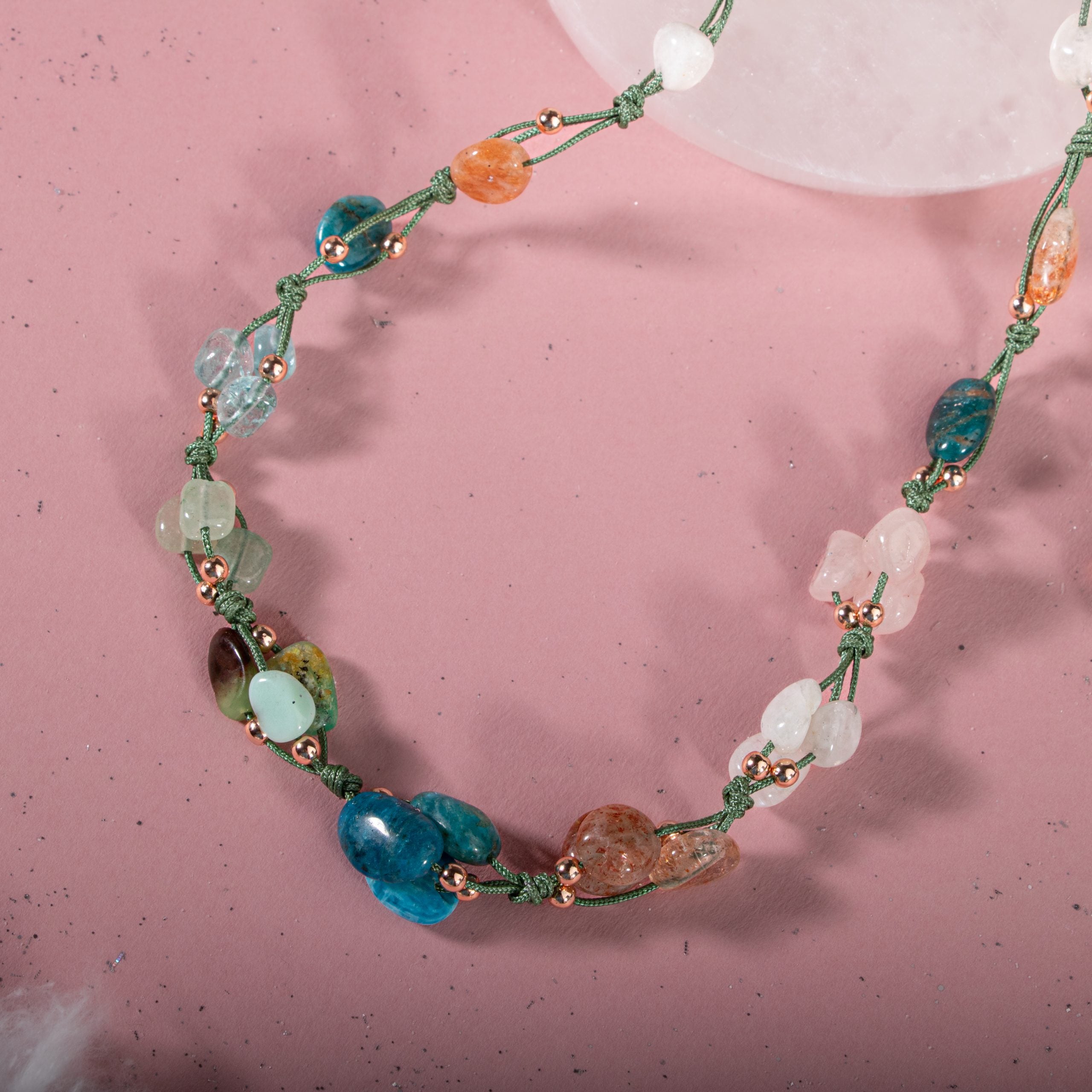 Collana della Bilancia - Aquamarine, MOONSTON, Sunstone, Chrysoprase, Apatite blu, Quarzo rosa, Aventurina verde