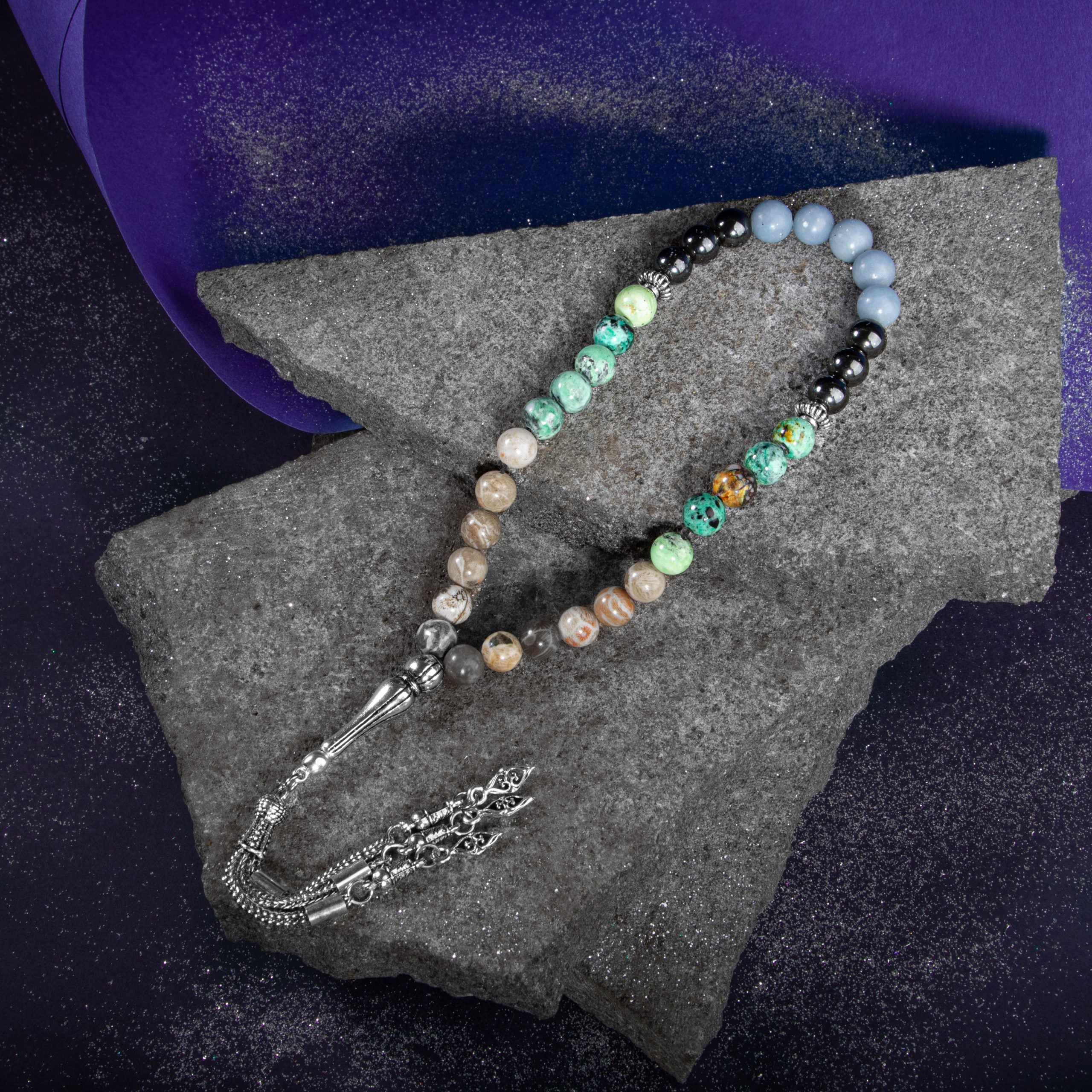 Aquarius Rosary - Anjelite, Fossil Coral, Hematite, Chrysocolla