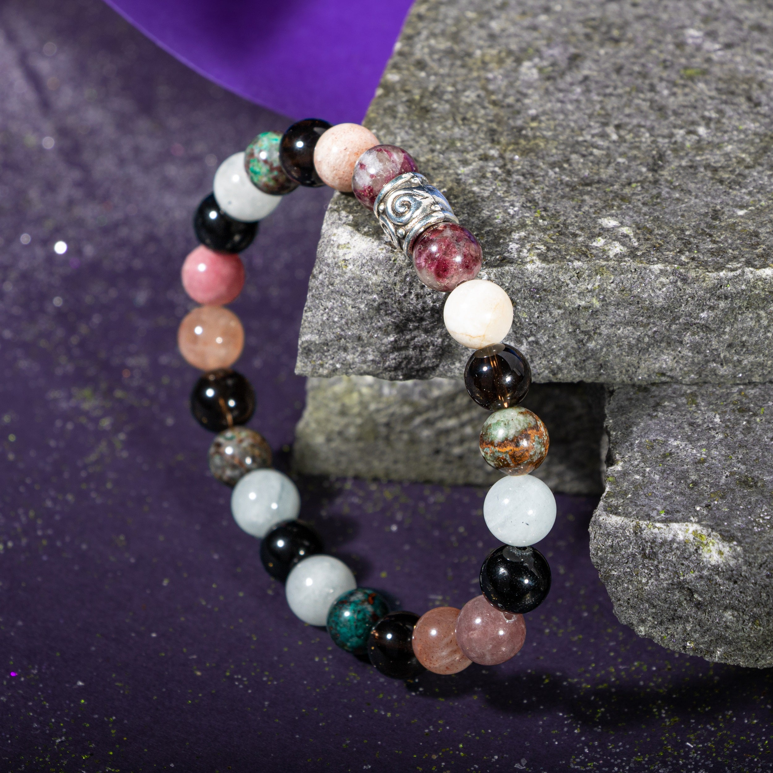 Pulsera de Libra Aquamarine, Quartz Smoky, Sunstone, Chrysocolla, Obsidiana, Turmalina Negra