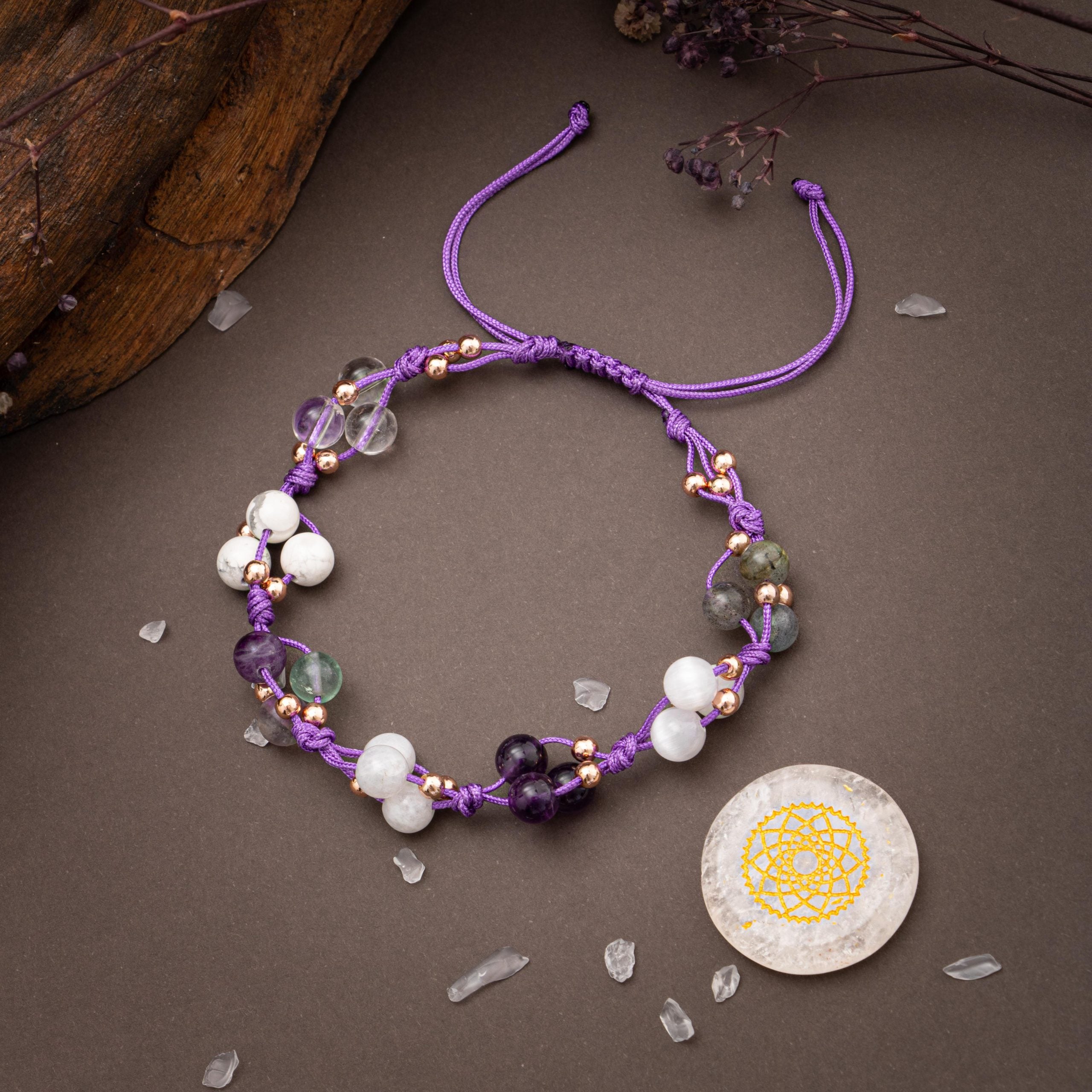 Chakra a corona-Bracciale in pietra naturale-Florite-Havlite-Amethyst-Rose Quartz-Labradorite-Selenite