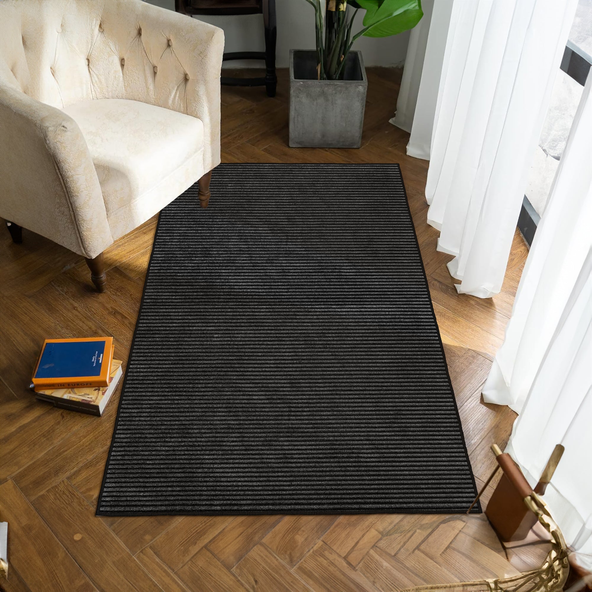 Alfombras de área lavable, negro, rectángulo, alfombra con respaldo sin deslizamiento, resistente a las manchas, plegable, alfombra lavable a máquina boho para cocina, baño, dormitorio o sala de estar