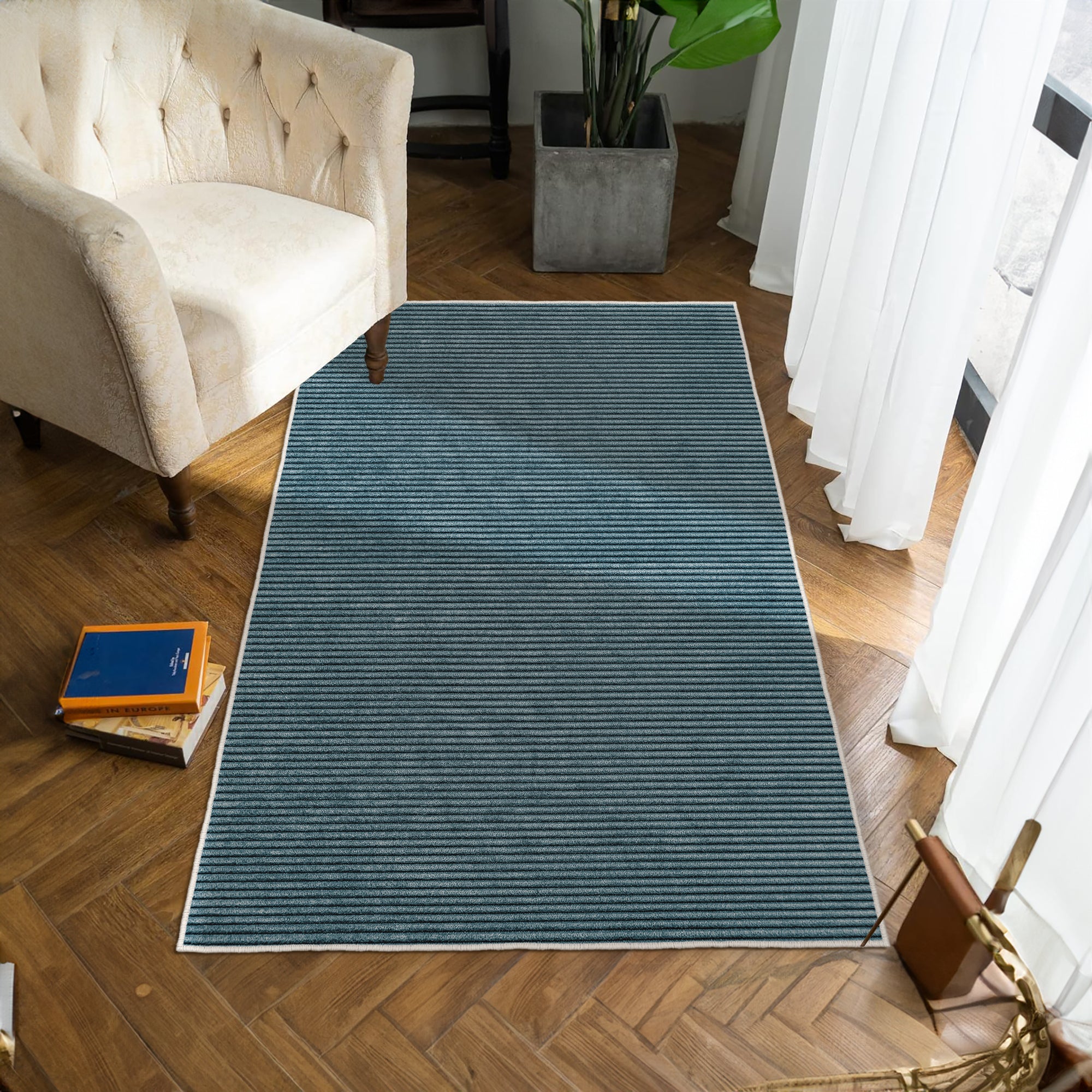 Alfombras de área lavable, azul, rectángulo, alfombra con respaldo sin deslizamiento, resistente a las manchas, plegable, alfombra lavable a máquina boho para cocina, baño, dormitorio o sala de estar