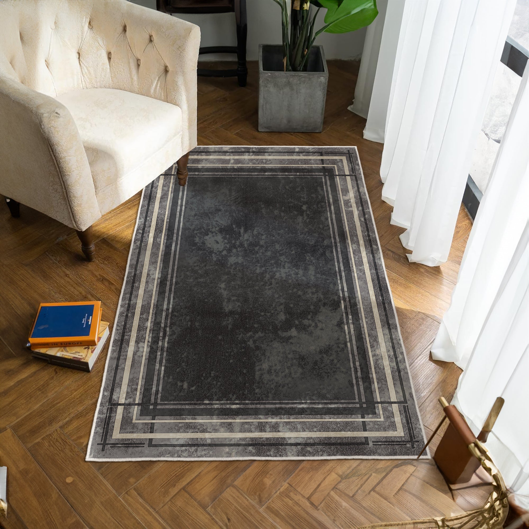 Alfombras de área lavable, negro, rectángulo, alfombra con respaldo sin deslizamiento, resistente a las manchas, plegable, alfombra lavable a máquina boho para cocina, baño, dormitorio o sala de estar