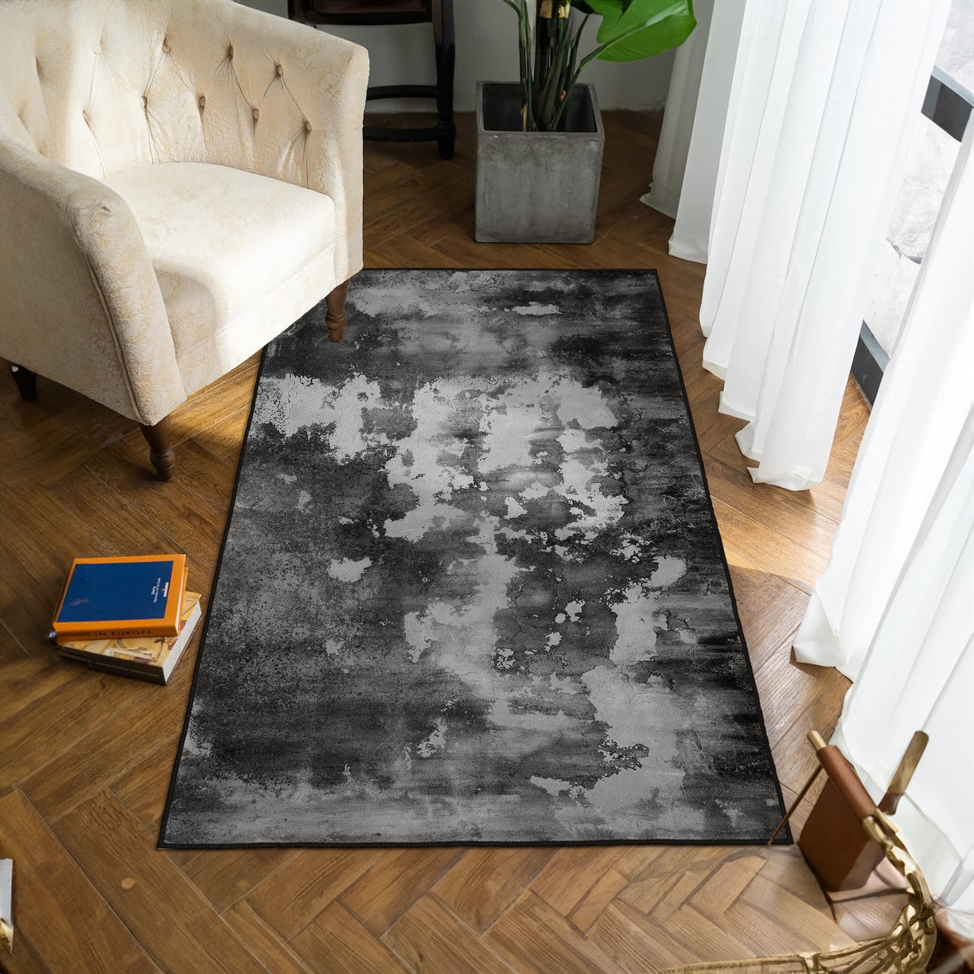 Alfombras de área lavable, negro, rectángulo, alfombra con respaldo sin deslizamiento, resistente a las manchas, plegable, alfombra lavable a máquina boho para cocina, baño, dormitorio o sala de estar