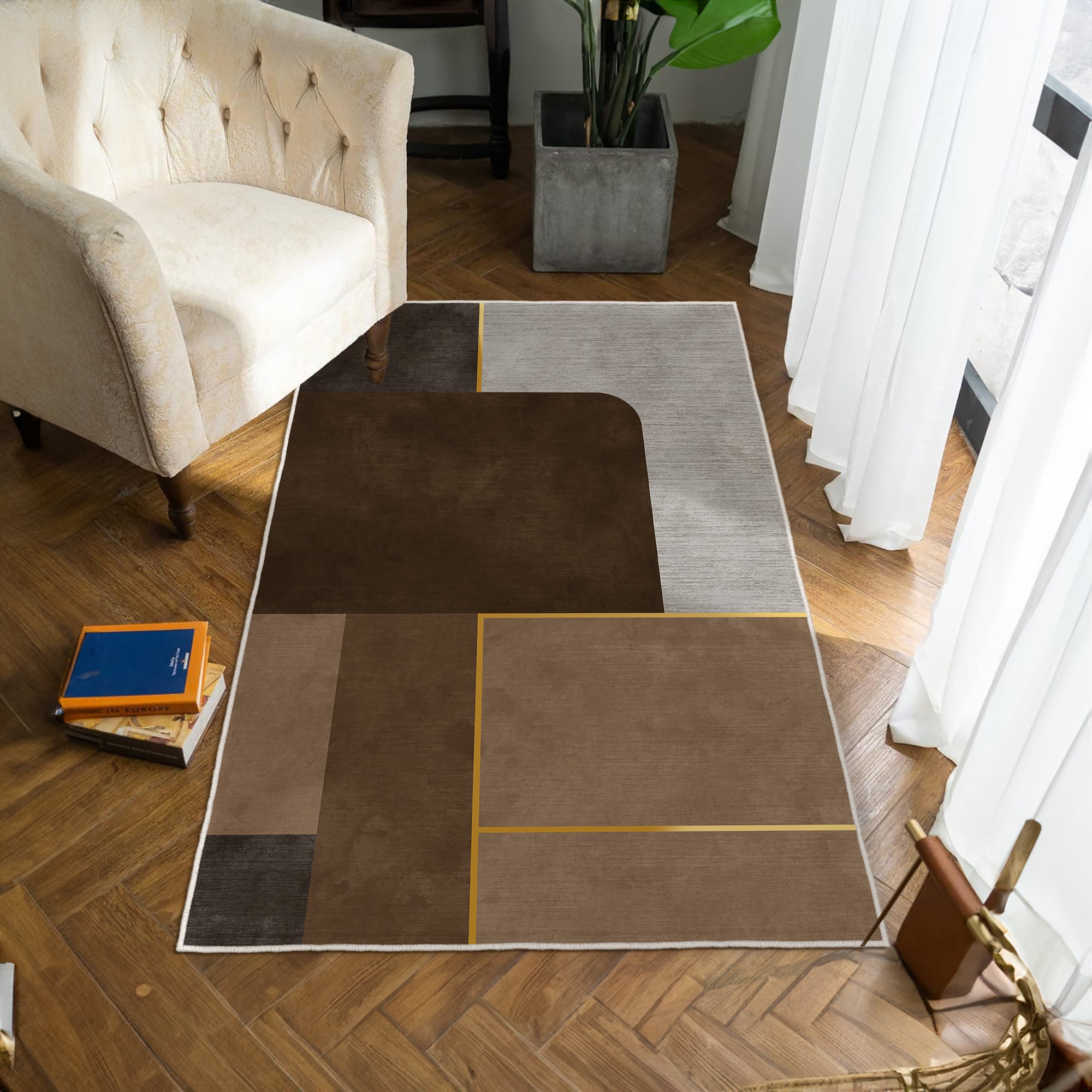 Alfombras de área lavable, marrón, rectángulo, alfombra con respaldo sin deslizamiento, resistente a las manchas, plegables, alfombra lavable a máquina boho para cocina, baño, dormitorio o sala de estar