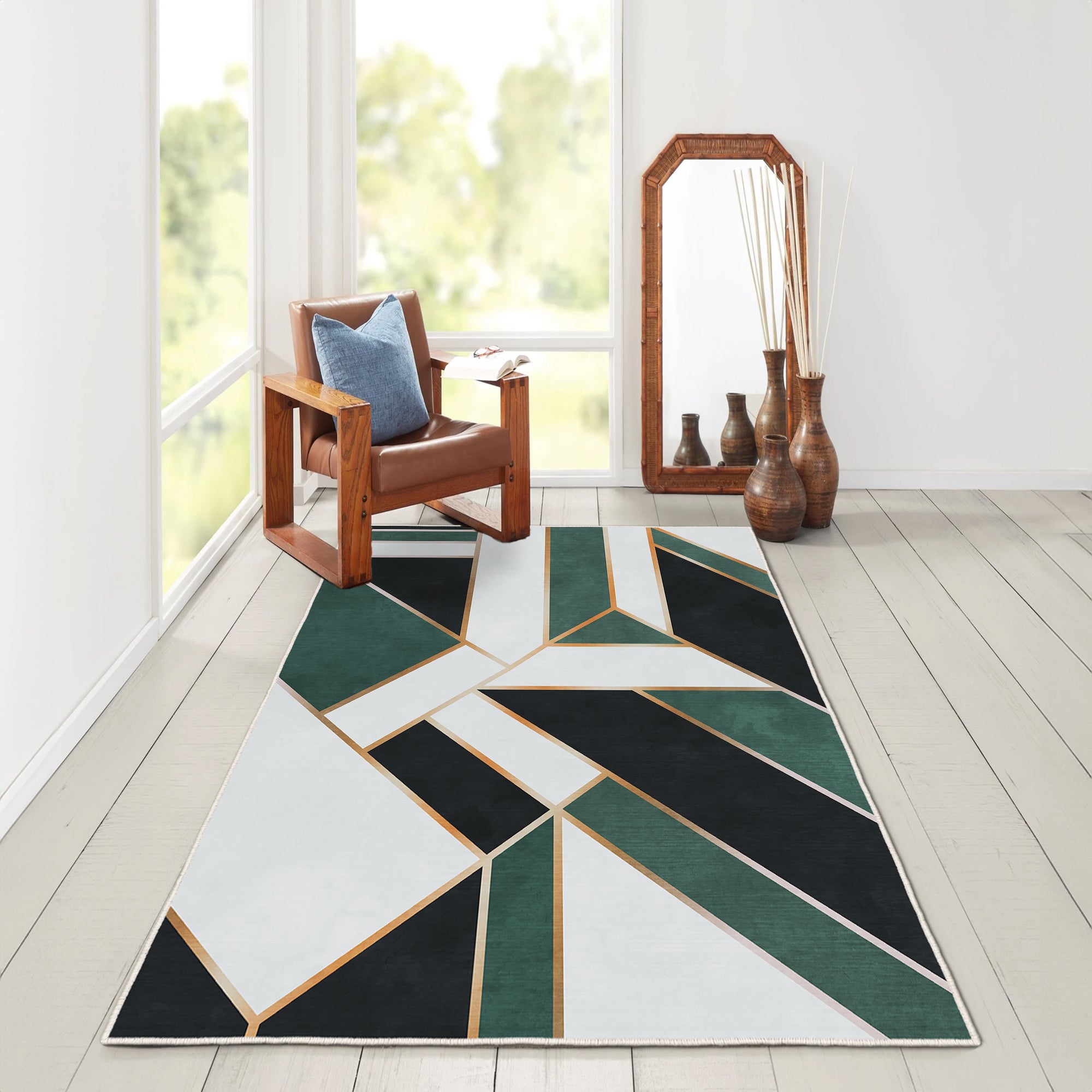 Alfombras de área lavable, verde, rectángulo, alfombra con respaldo sin deslizamiento, resistente a las manchas, plegable, alfombra lavable a máquina boho para cocina, baño, dormitorio o sala de estar