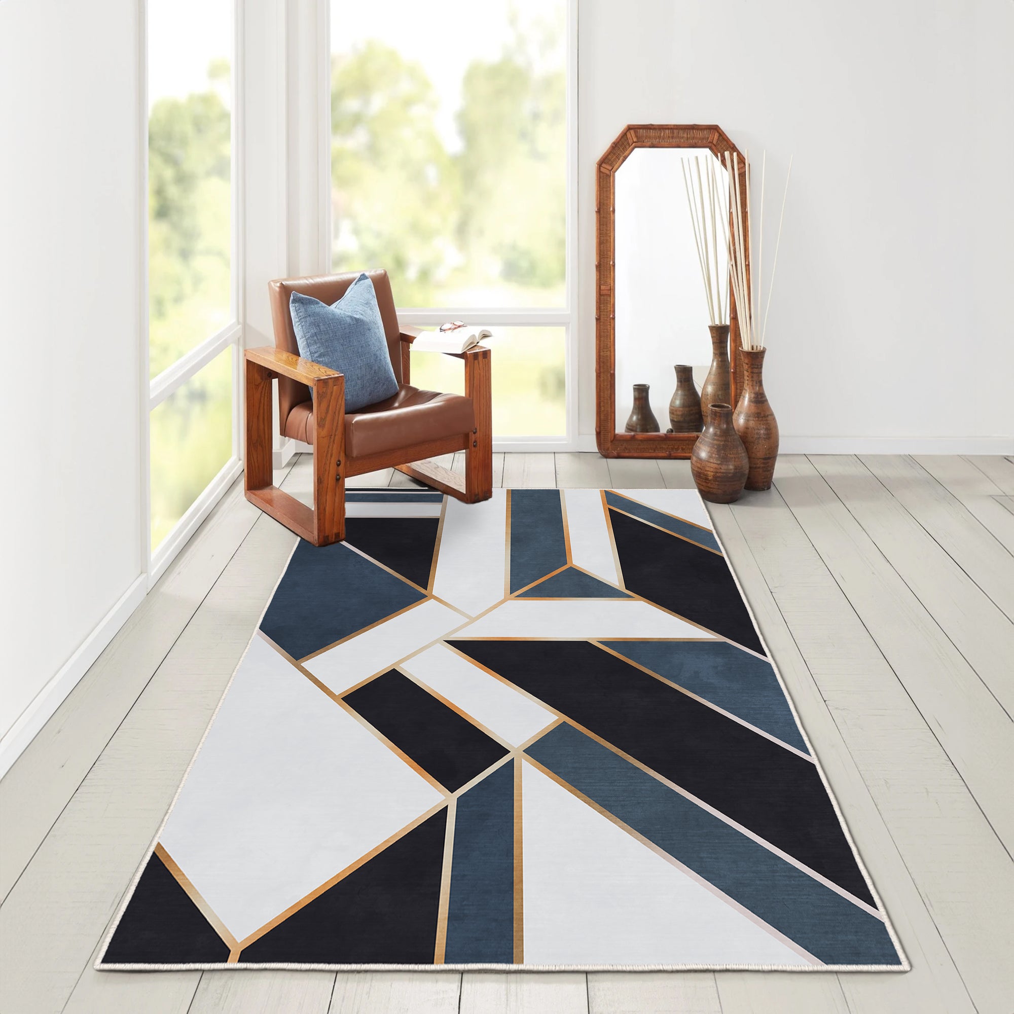 Alfombras de área lavable, azul, rectángulo, alfombra con respaldo sin deslizamiento, resistente a las manchas, plegable, alfombra lavable a máquina boho para cocina, baño, dormitorio o sala de estar