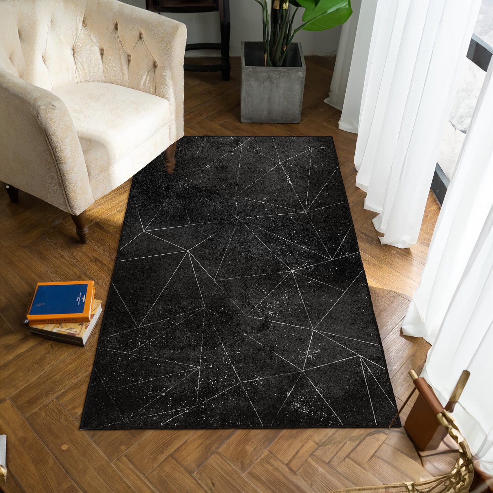 Alfombras de área lavable, negro, rectángulo, alfombra con respaldo sin deslizamiento, resistente a las manchas, plegable, alfombra lavable a máquina boho para cocina, baño, dormitorio o sala de estar