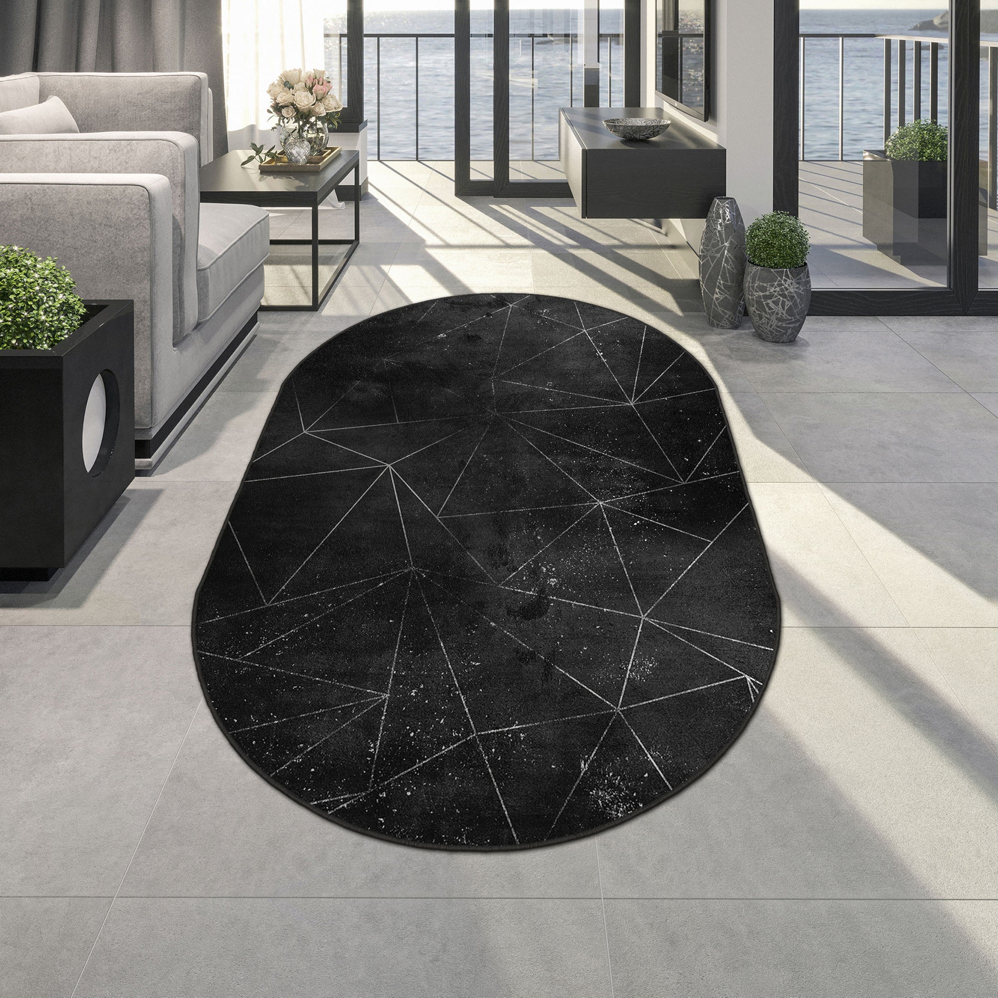 Alfombras de área lavable, negro, ovalado, alfombra con respaldo sin deslizamiento, alfombra de alfombra lavable a máquina boho resistente a las manchas, plegable, boho para cocina, baño, dormitorio o sala