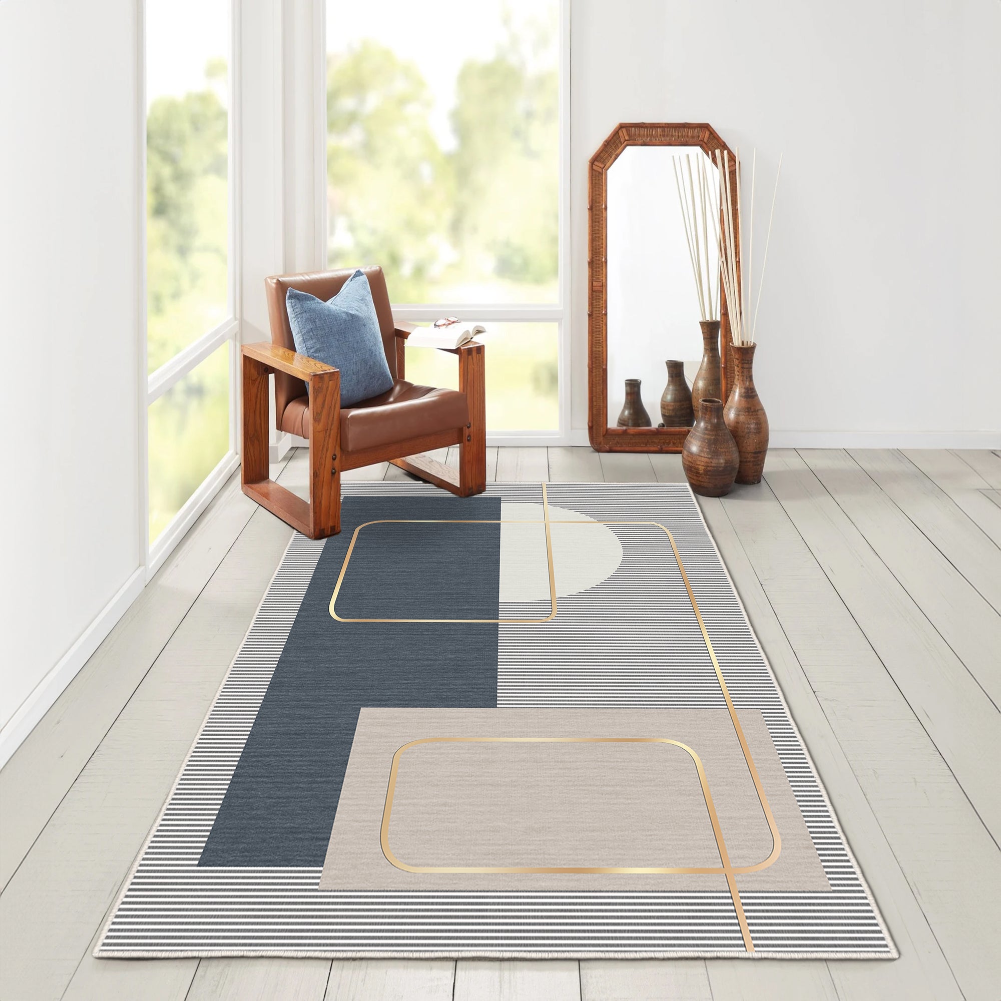 Alfombras de área lavable, azul, rectángulo, alfombra con respaldo sin deslizamiento, resistente a las manchas, plegable, alfombra lavable a máquina boho para cocina, baño, dormitorio o sala de estar