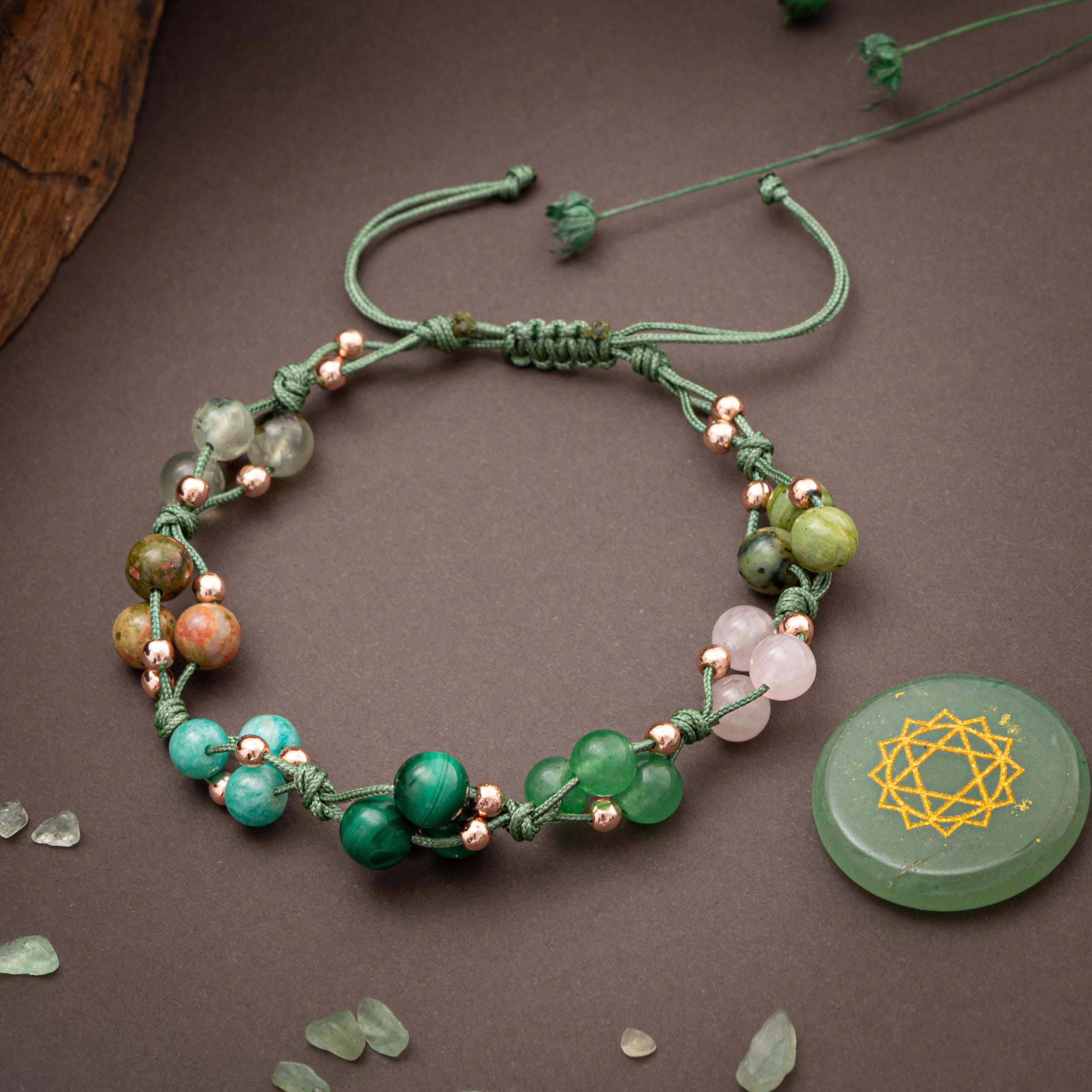 Chakra del cuore-Bracciale in pietra naturale-Prenite-Unachite-Amazonite-Malachite-Aventurina-Rosa-Giade di quarzo