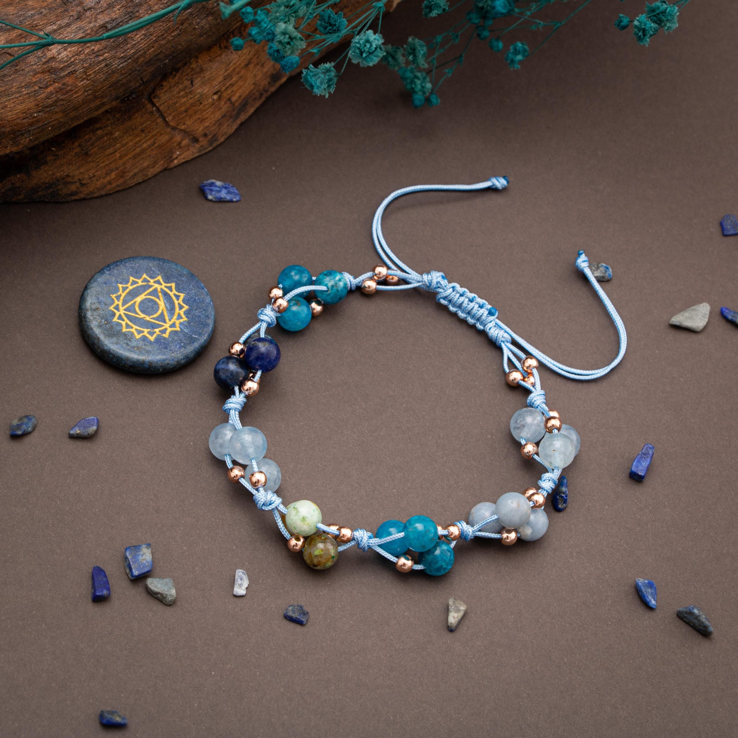 Chakra della gola-Bracciale in pietra naturale-Apatite-aquamarina-sodalite-chrysocolla-ematite