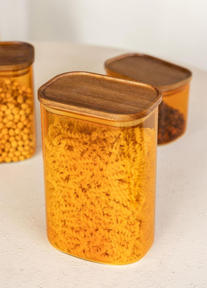 Acacia Rectangular Glass Jar Amber 1200 ml - Exporgin | Türkiye Comes to You