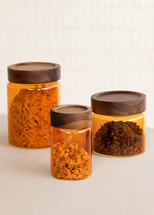 Acacia Round Glass Jar Amber 500 ml - Exporgin | Türkiye Comes to You