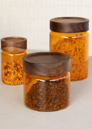 Acacia Round Glass Jar Amber 500 ml - Exporgin | Türkiye Comes to You