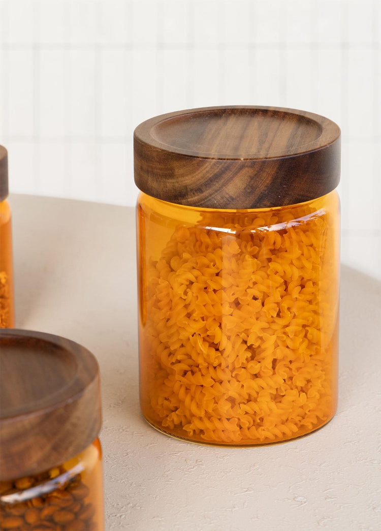 Acacia Round Glass Jar Amber 850 ml - Exporgin | Türkiye Comes to You