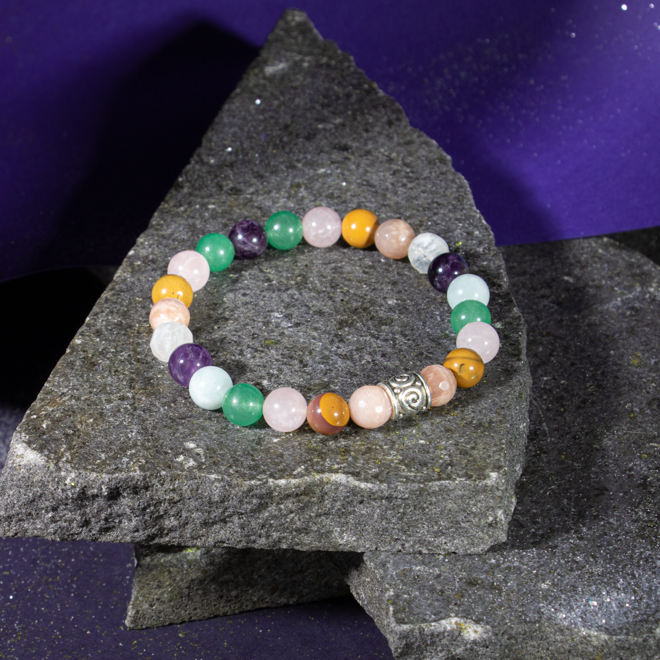 Aries Bracelet Aquamarine, Amethyst, Moon Stone, Sun Stone, Jasper, Pink Quartz, Aventurine verde