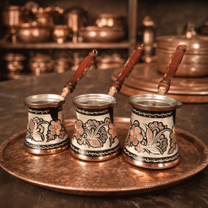 Asil Bakır Hand - Carved Copper Turkish Coffee Pot Set 3 Packs - Exporgin | Global Shopping Site