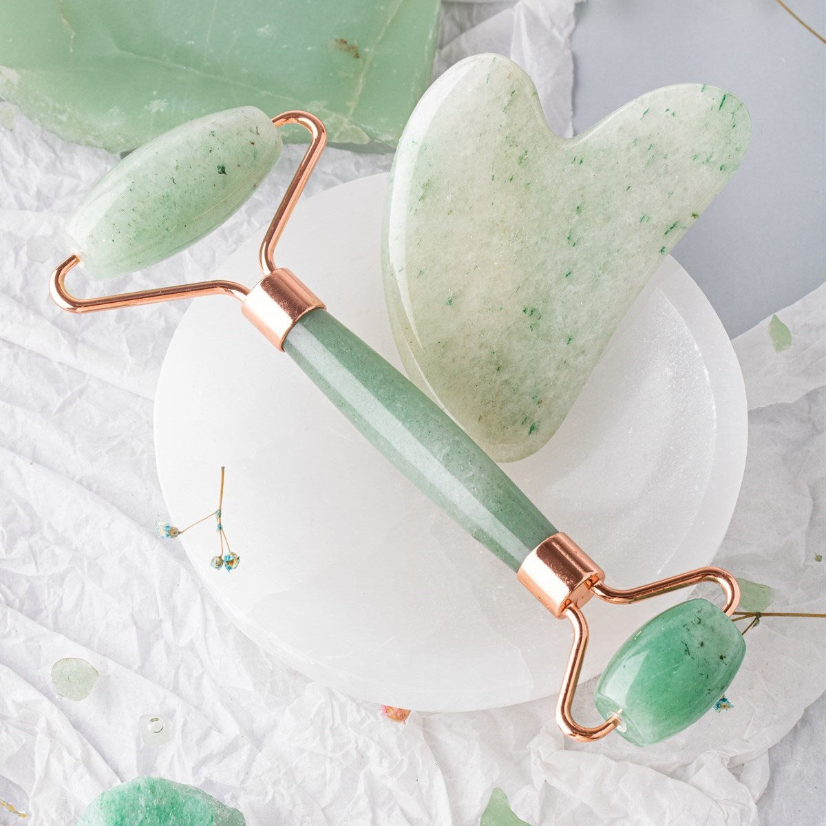 Aventurine Steinmassage -Set - Roller und Gua Sha Heart Set