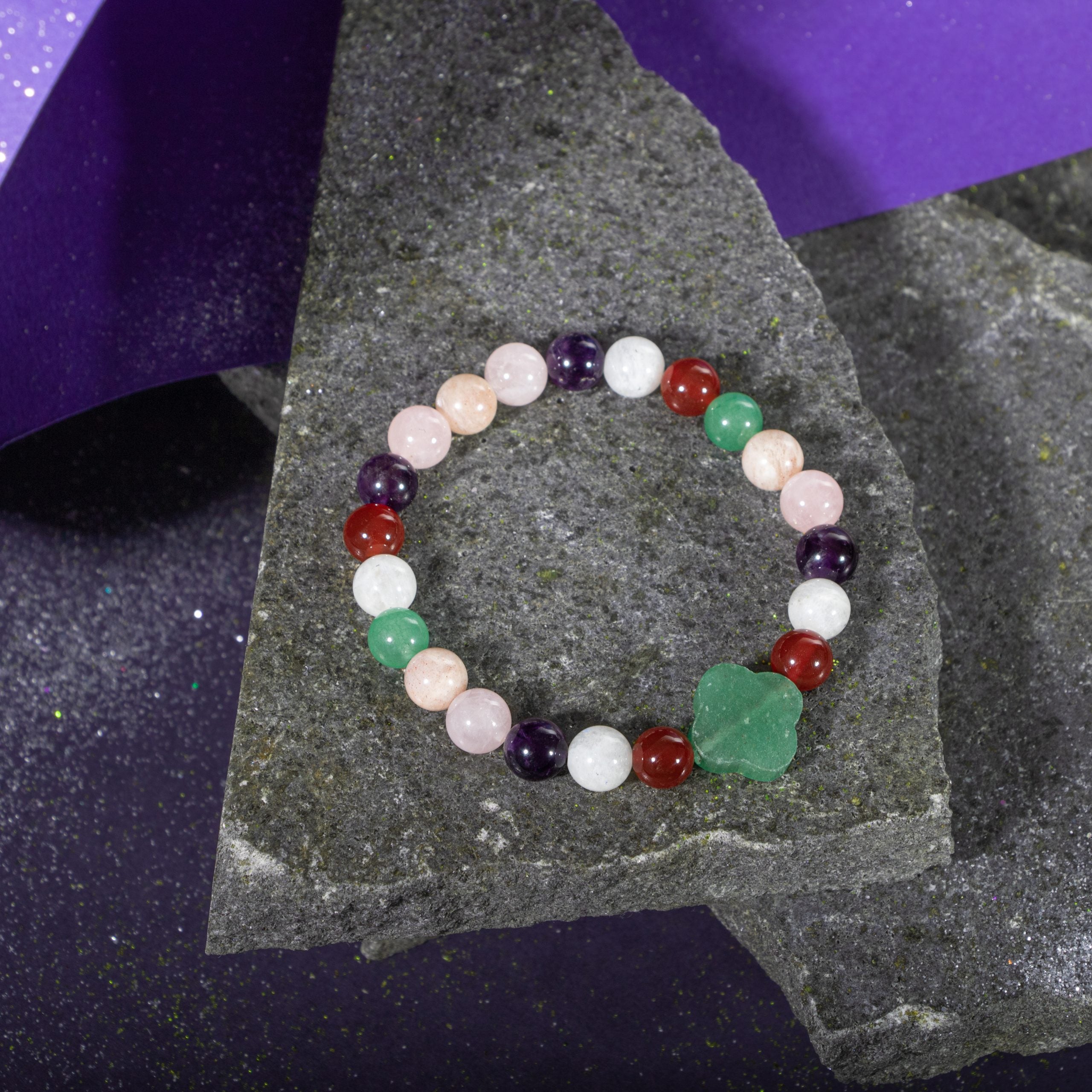 Brazalete Aries Amethyst, Moon Stone, Sun Stone, Red Agate, Pink Quartz, Green Aventurine