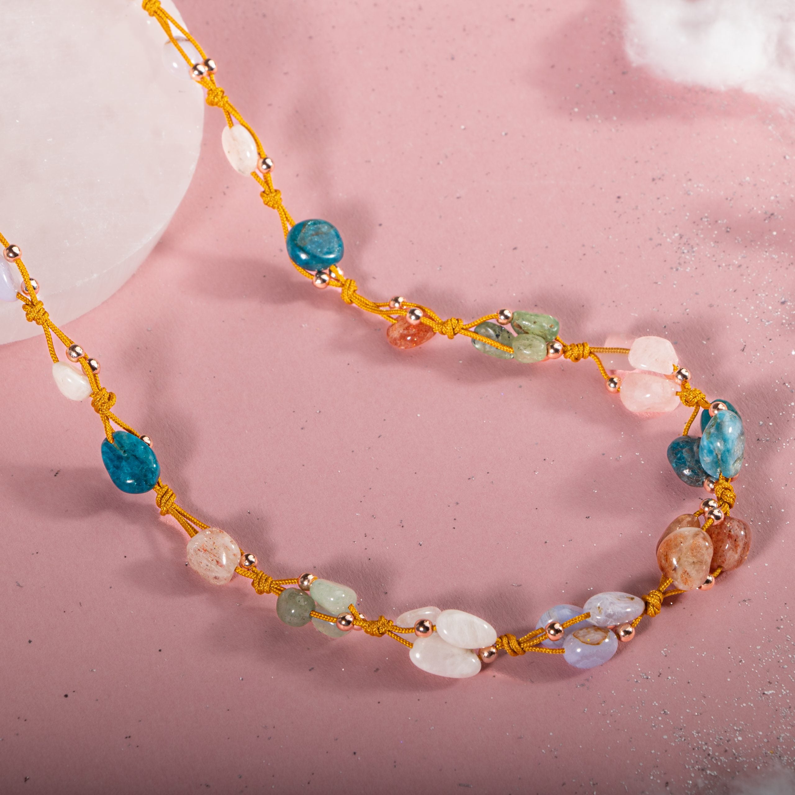 Collana gemelli - Pietra della luna, pietra del sole, calcedonio, kanite, apatite blu, quarzo rosa, avventur verde