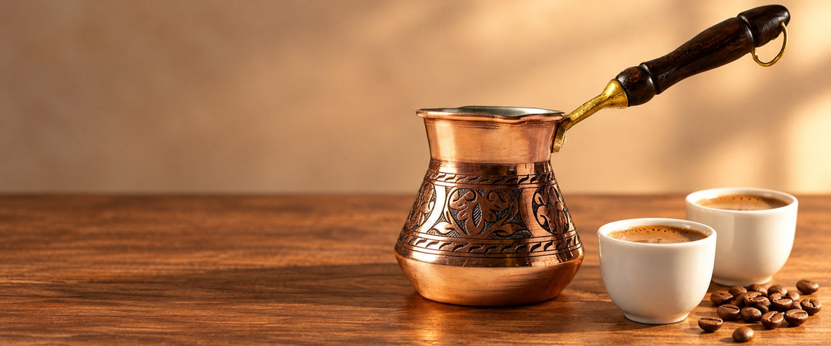 Engraved copper Turkish coffee pot with coffee cups