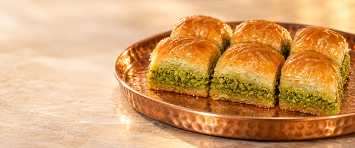 Pistachio baklava on a hammered copper tray
