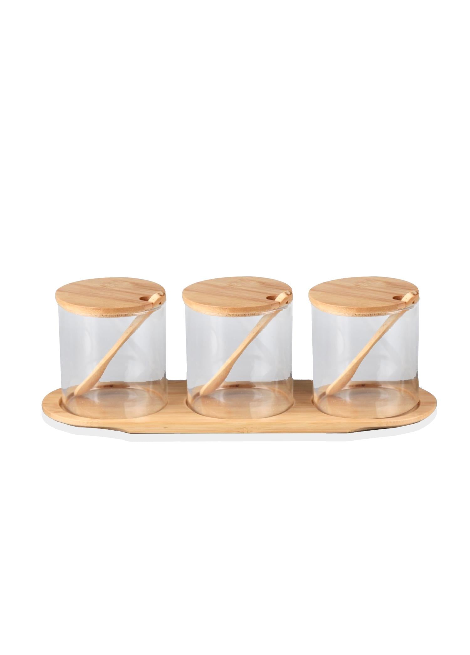 Borosilicate Glass Jam Jar with Bamboo Lid Flat Set of 3