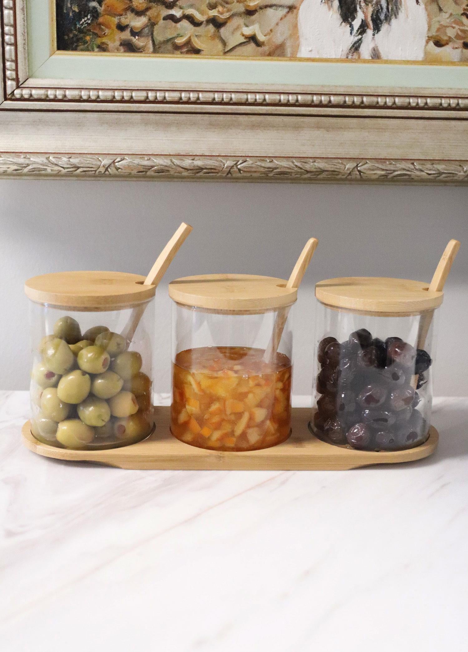 Borosilicate Glass Jam Jar with Bamboo Lid Flat Set of 3