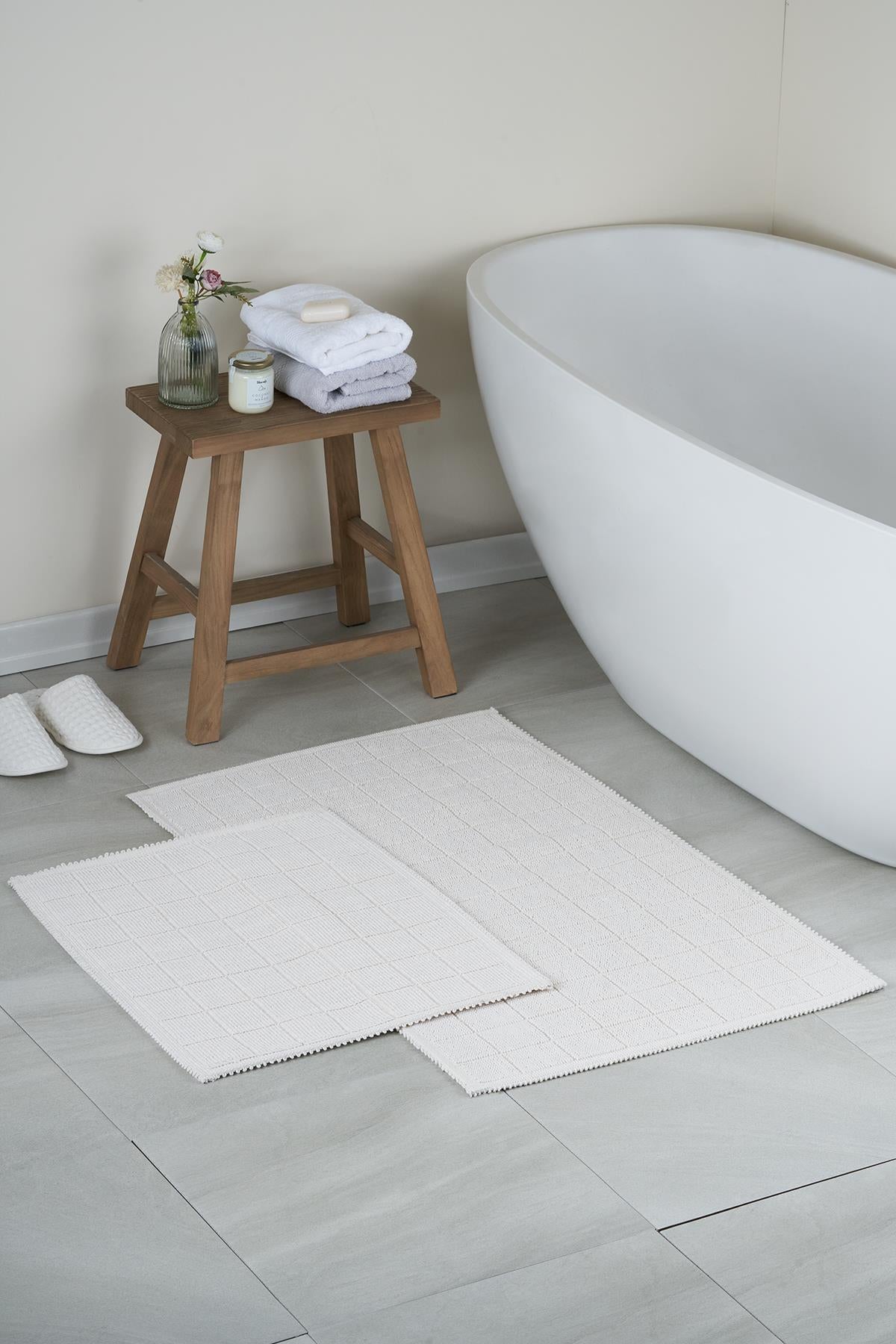 Basic Grid Natural Cotton 2-Piece Bath Mat 60x100+50x60 cm - Ecru