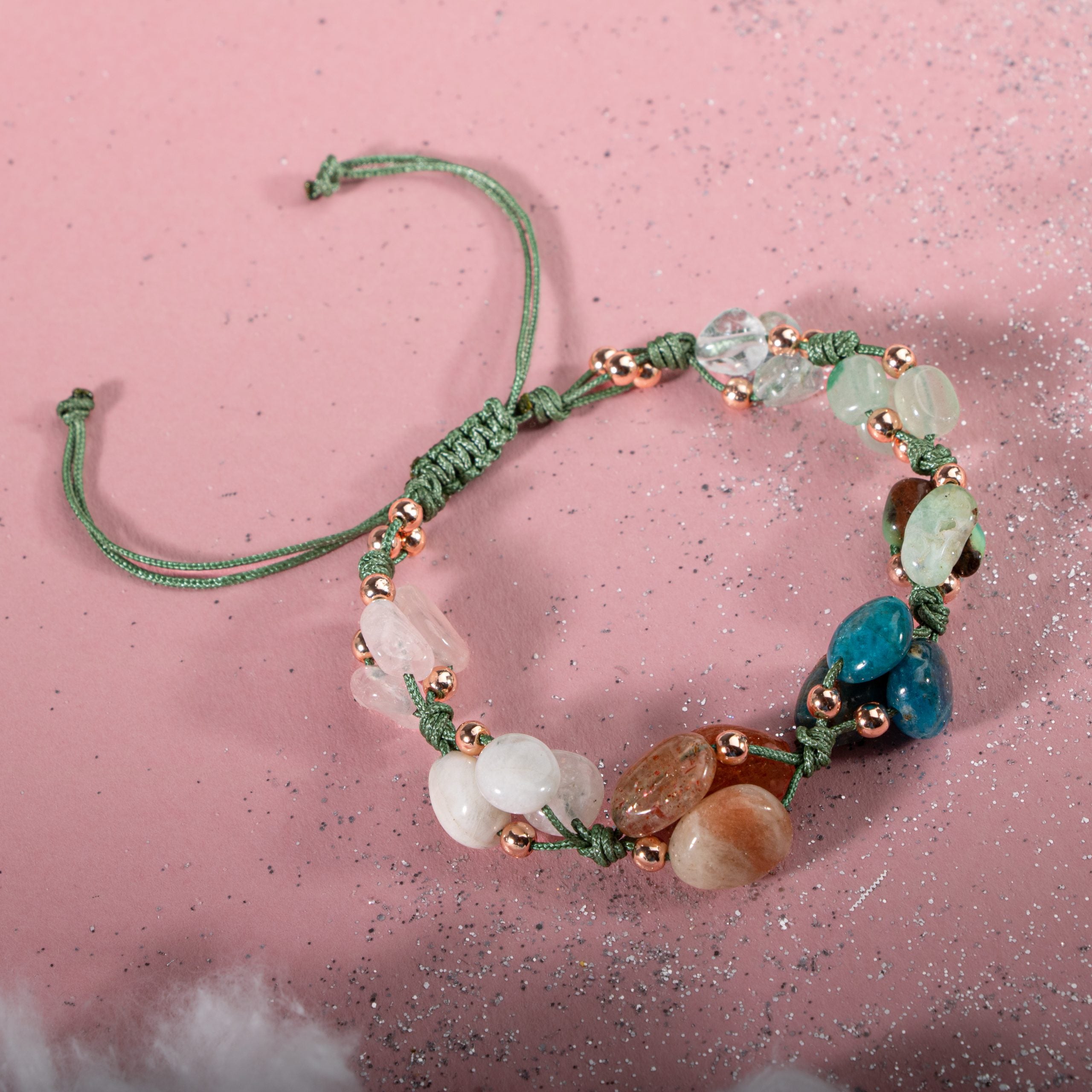 Bracciale Bilancia Aquamarine, pietra di luna, pietra solare, chrysoprase, apatite blu, quarzo rosa, aventur verde