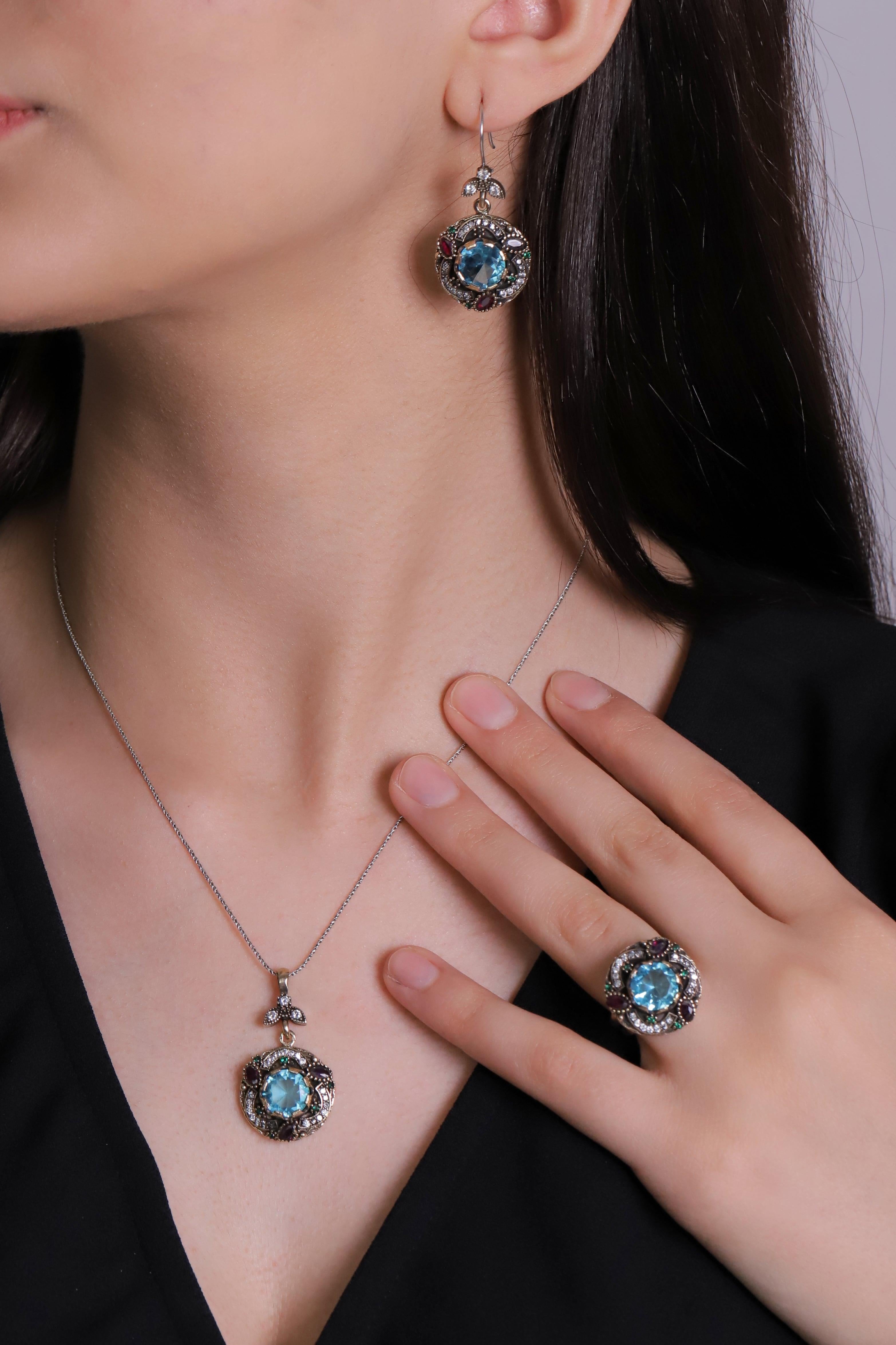 Behiye Series Silver Aquamarine Stone Set triplo set di gioielli autentici regolabili