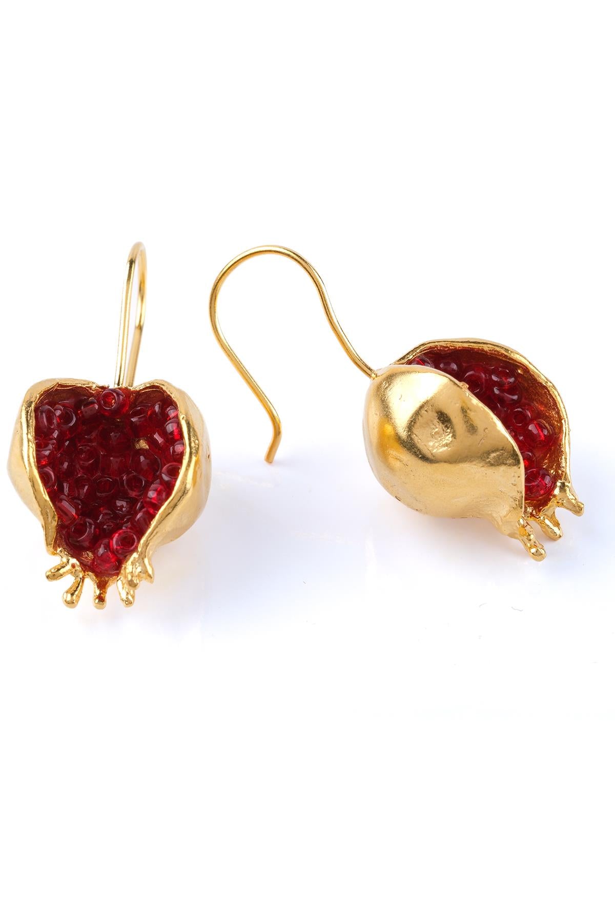 Bereket Series Red Colore Red Garnet Stone Gold Donne Pomegranate Round Melograno Autentico Orecchini d'argento