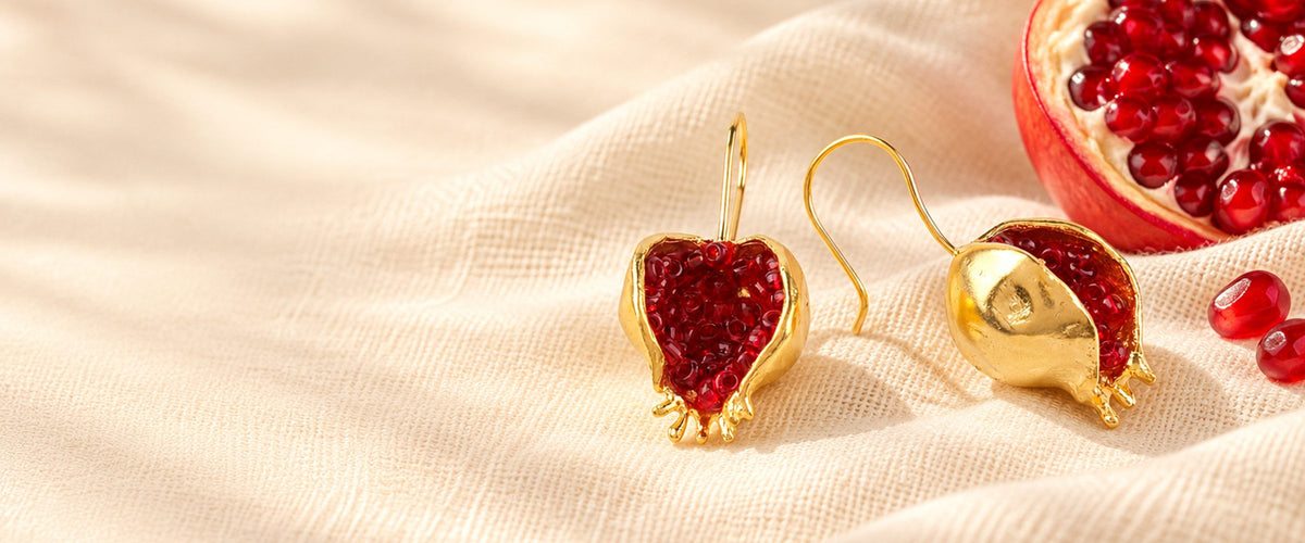 Gold-plated pomegranate earrings with fresh pomegranate