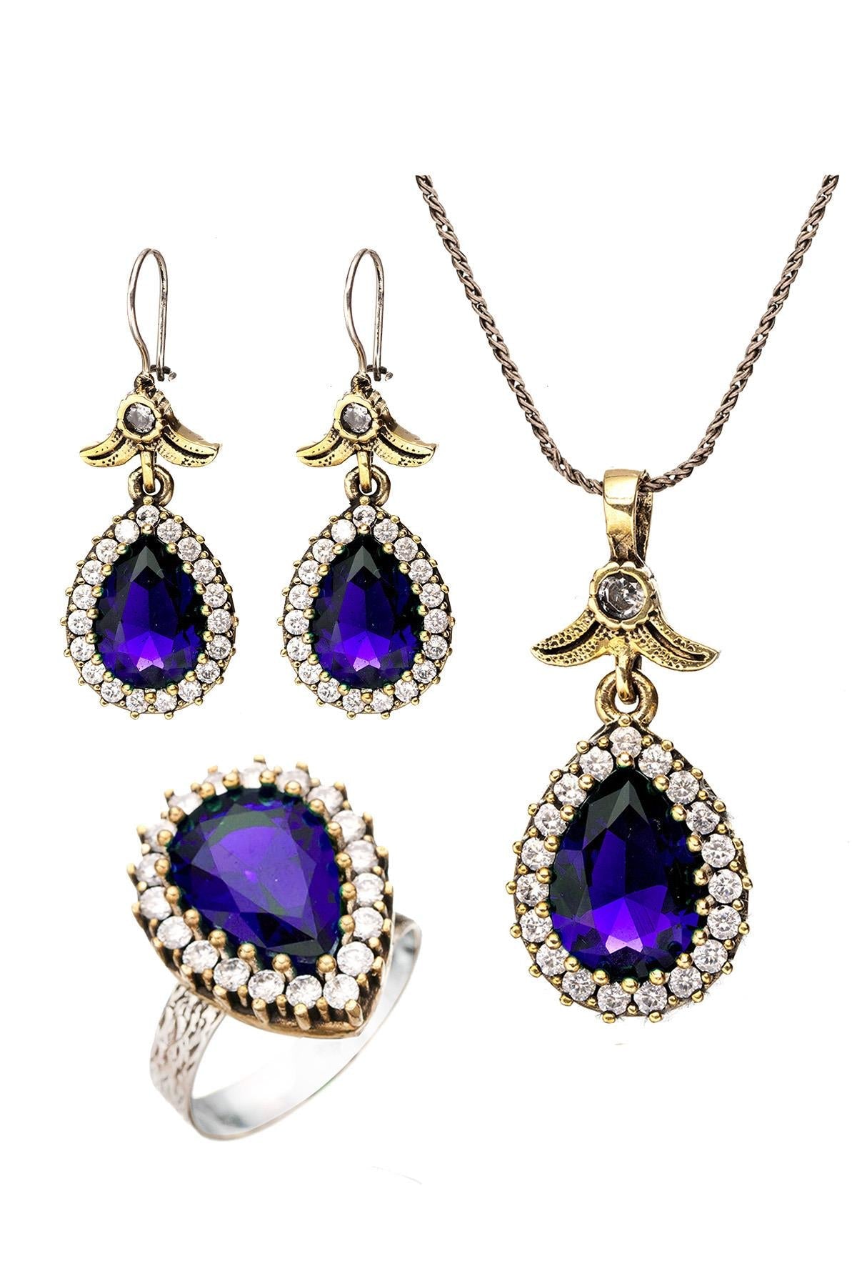 Blue Sapphire Stone Hürrem Sultan Drop Authentic Silver Triple Women's Set Adjustable Ring - Exporgin - Global Shopping Site