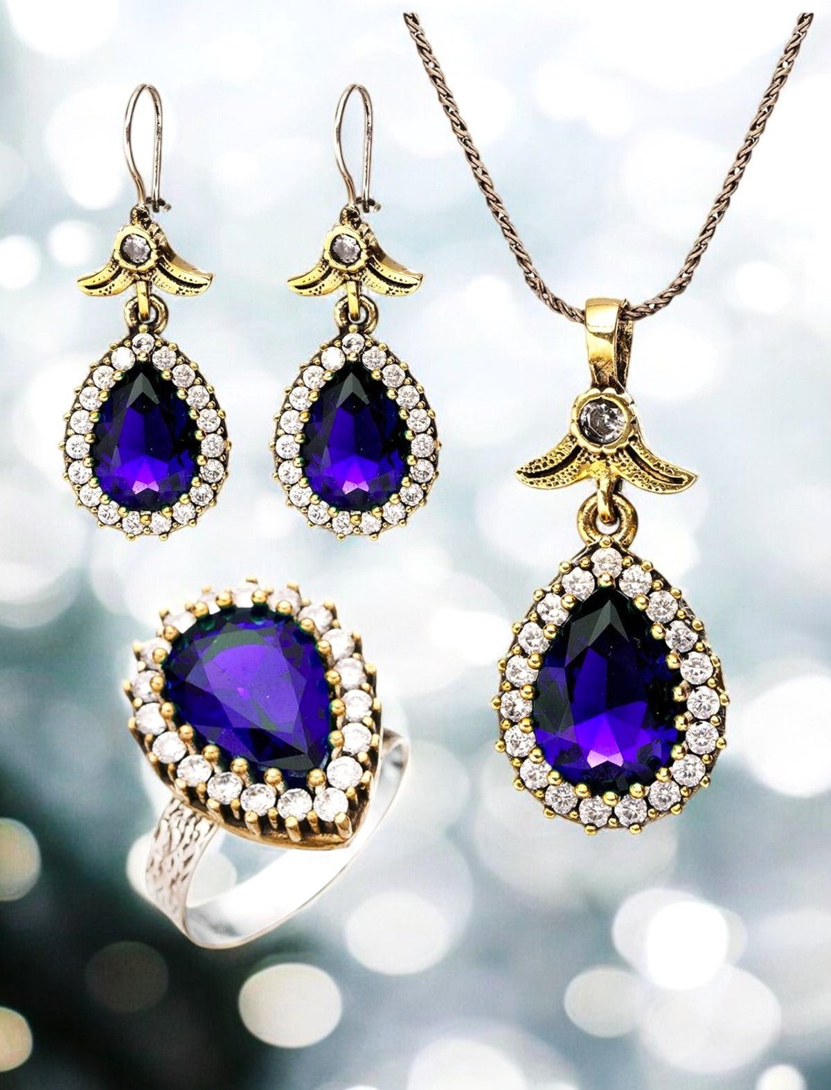 Blue Sapphire Stone Hürrem Sultan Drop Authentic Silver Triple Women's Set Adjustable Ring - Exporgin - Global Shopping Site